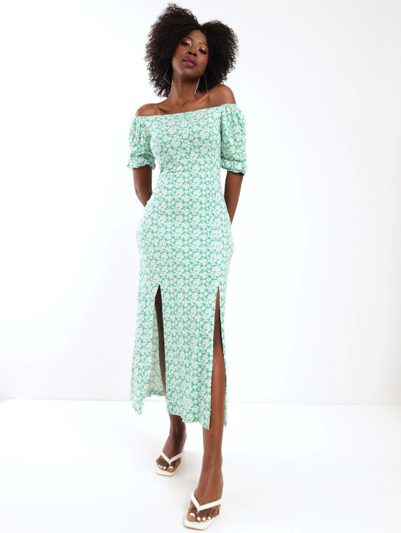 Puff Sleeve Tea Dress - Green - Image 2