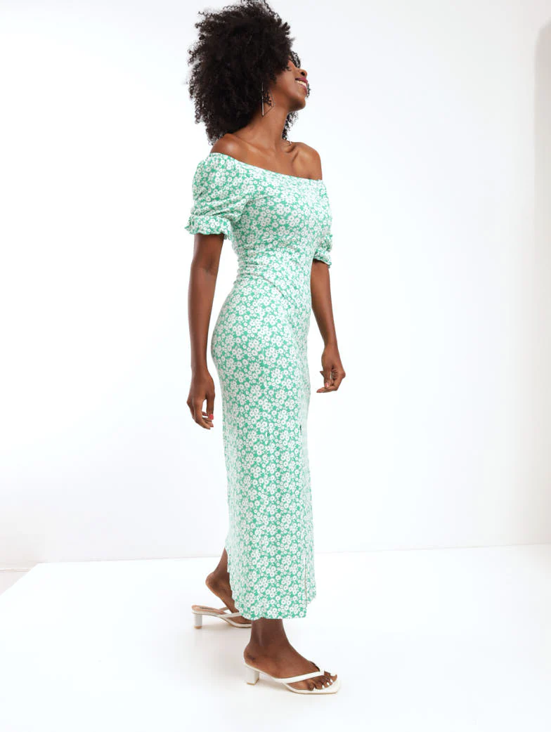 Puff Sleeve Tea Dress - Green - Image 3