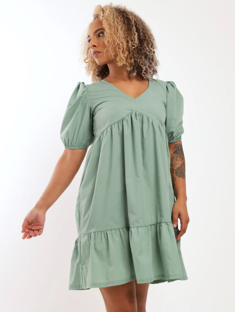 Puff Sleeve Tiered Mini Dress - Sage
