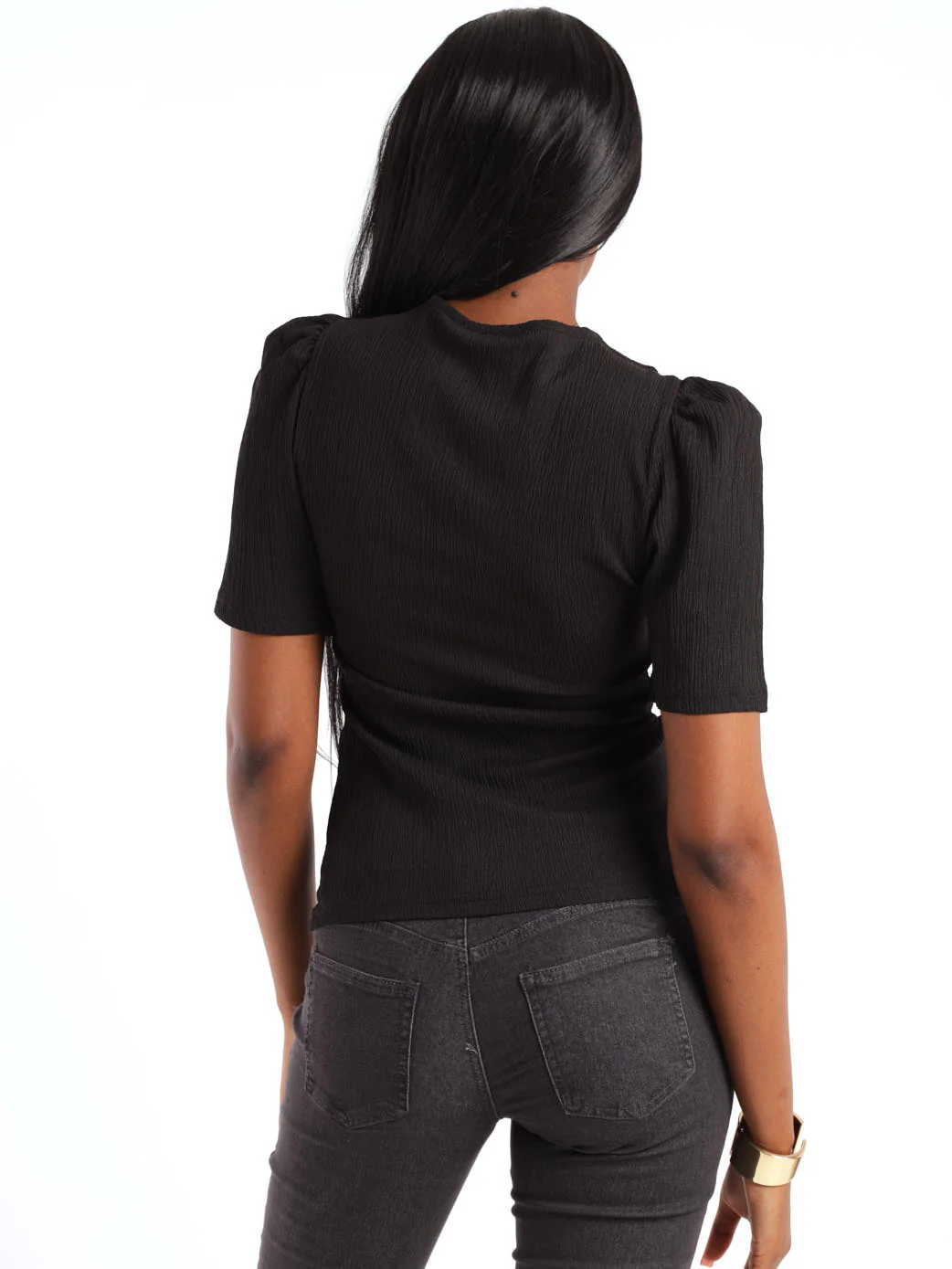 Puff Sleeve Top With Trim Neck Detail - Black - Image 4