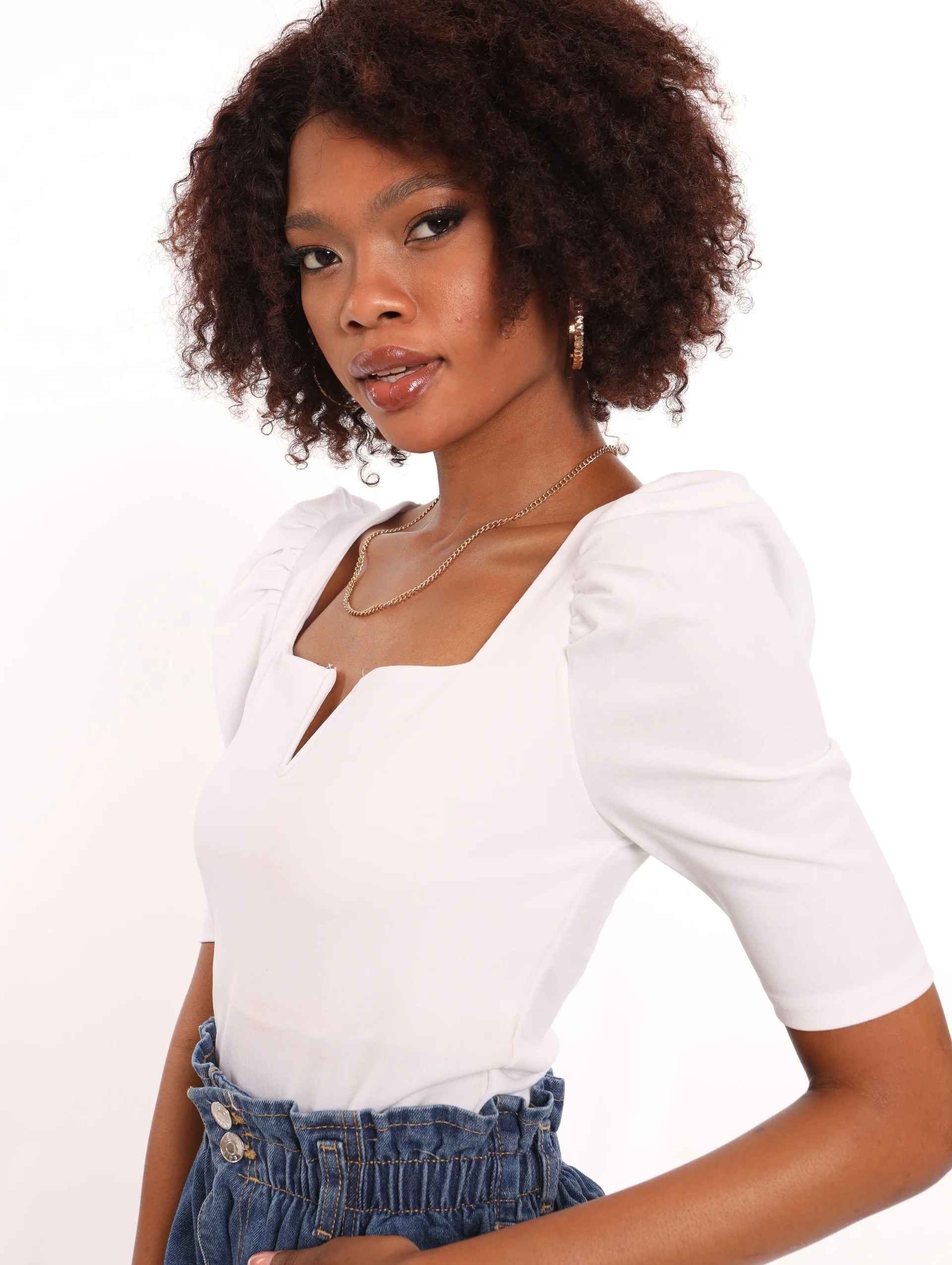 Puff Sleeve V Prong Top - White - Image 2