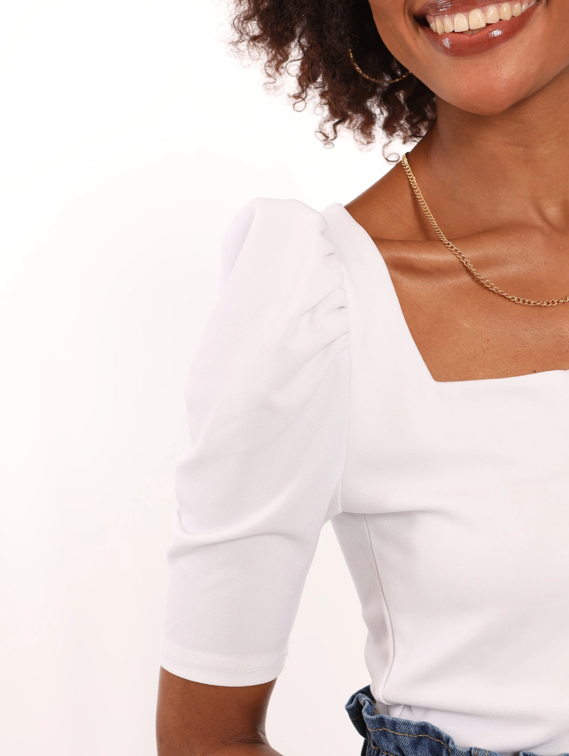 Puff Sleeve V Prong Top - White - Image 4
