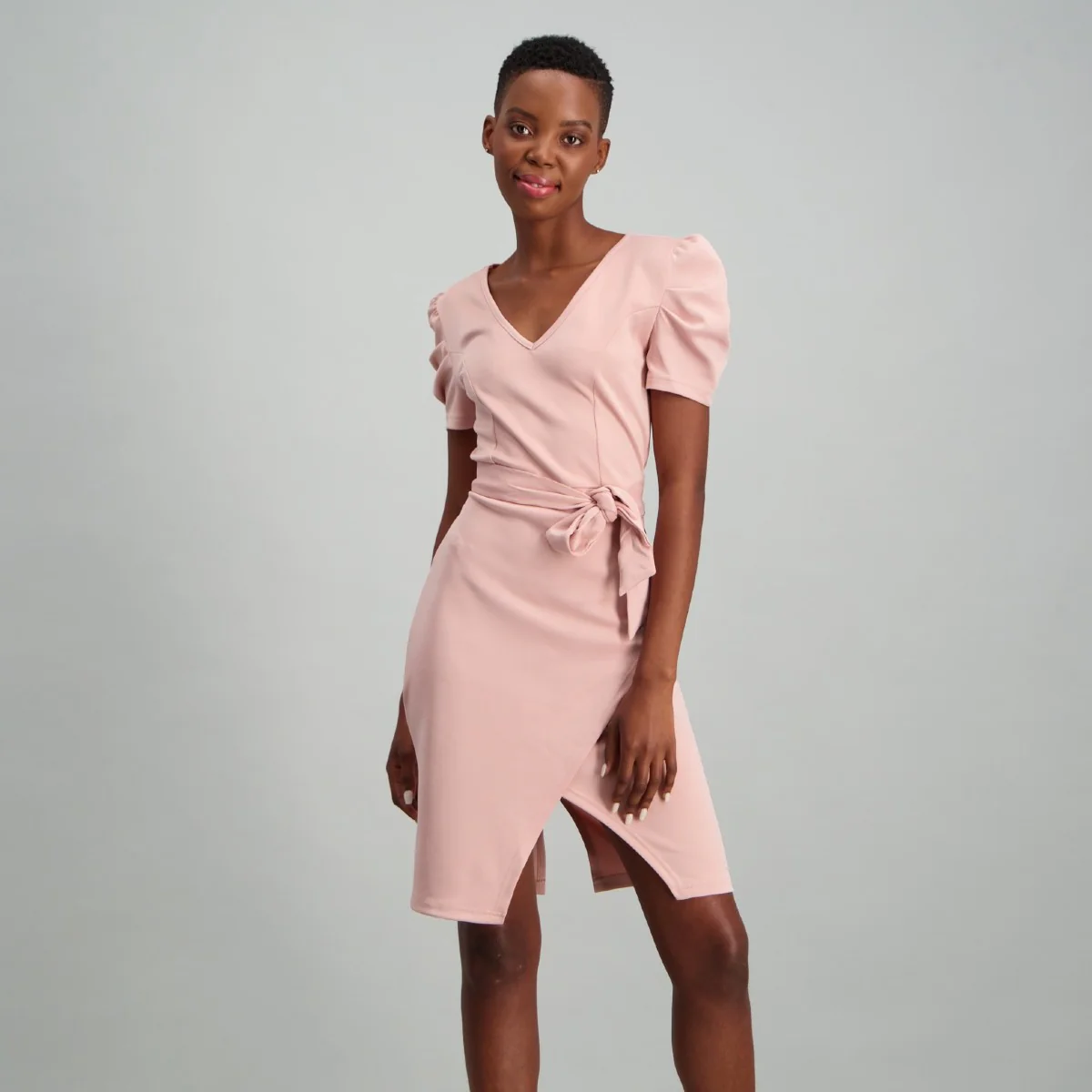 Puffed Sleeve Mock Wrap Tie Waist Bodycon Dress - Blush