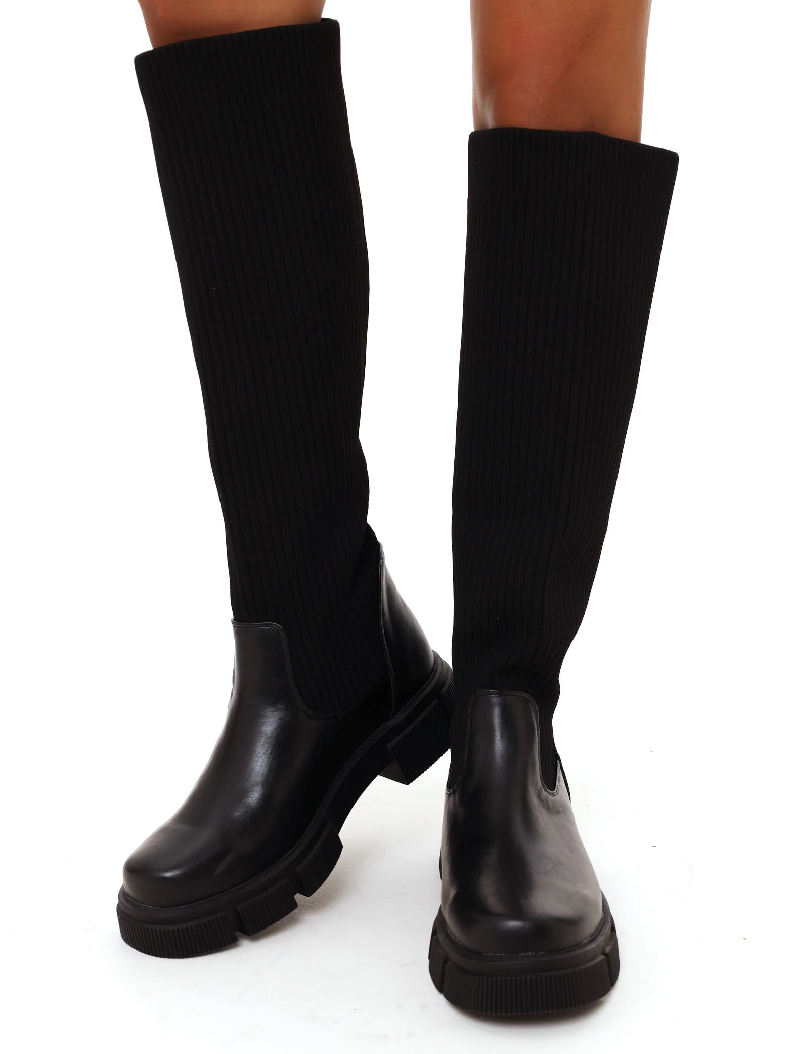 Ribbed Knee High Boot - Black