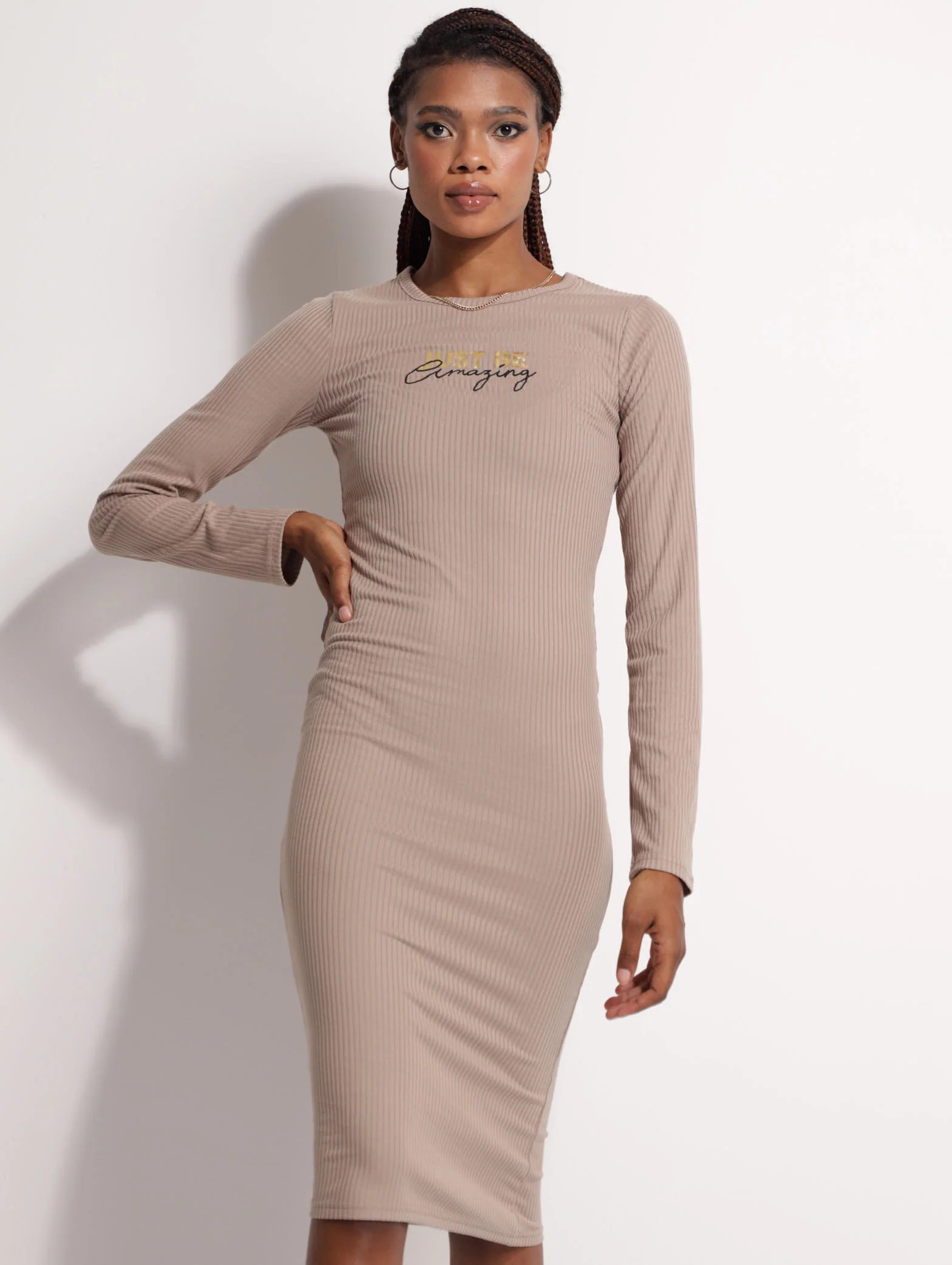 Ribbed Screen Tube Dress - Taupe