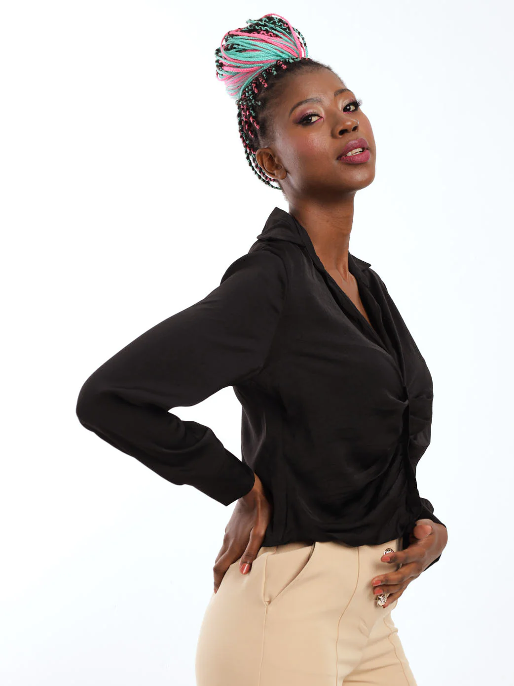 Rouched Front Collared Blouse - Black - Image 3