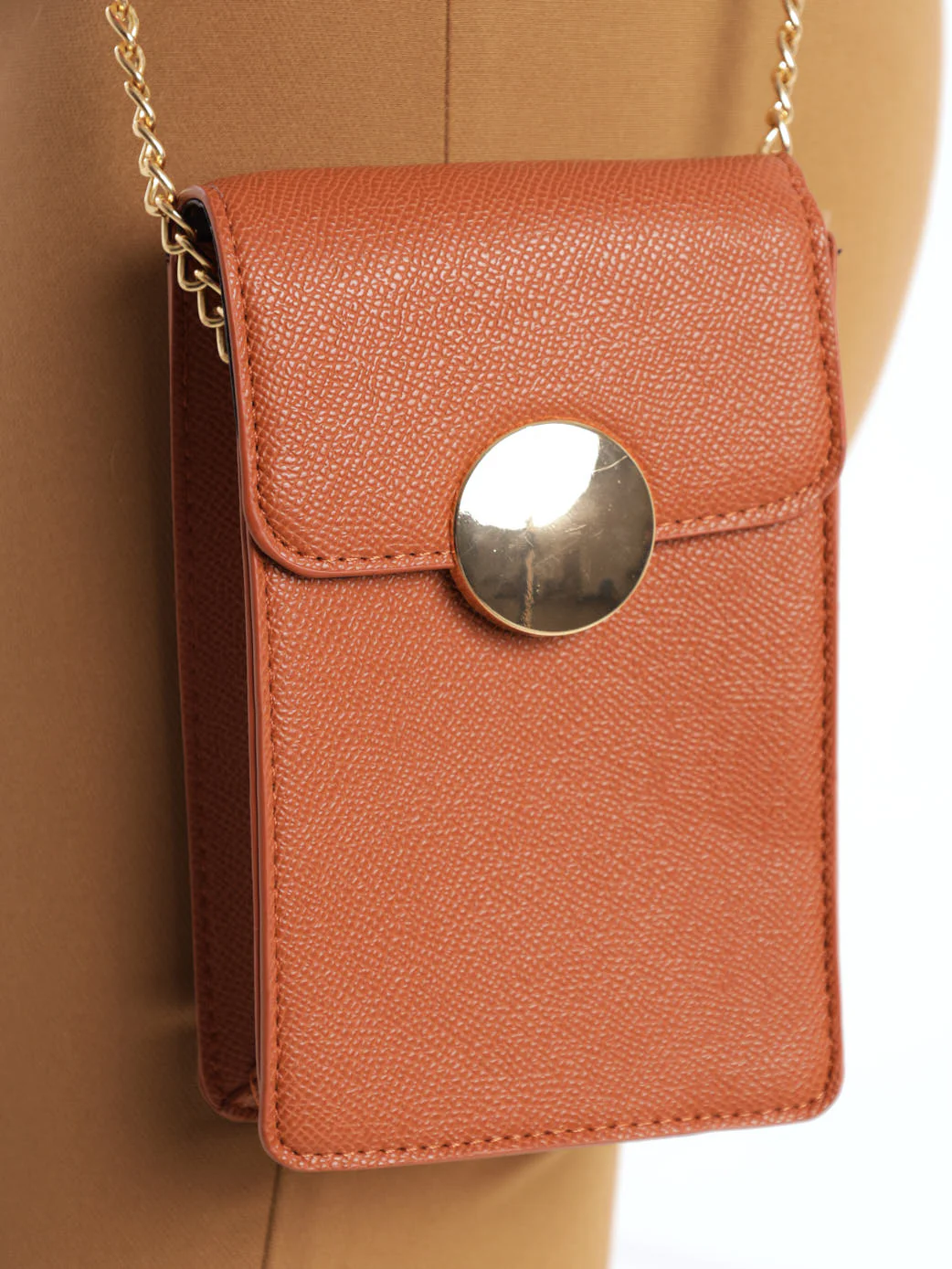 Round Metal Flap Cellphone Bag - Tan