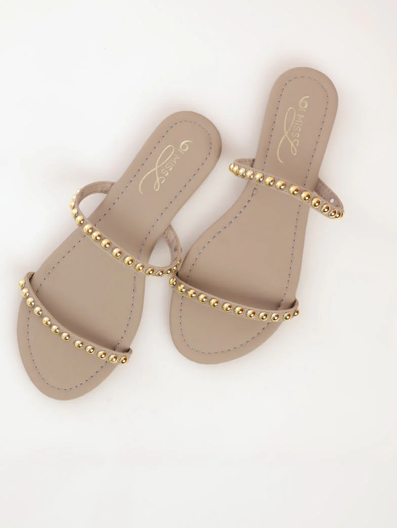 Round Stud Double Strap Mule Sandal - Taupe