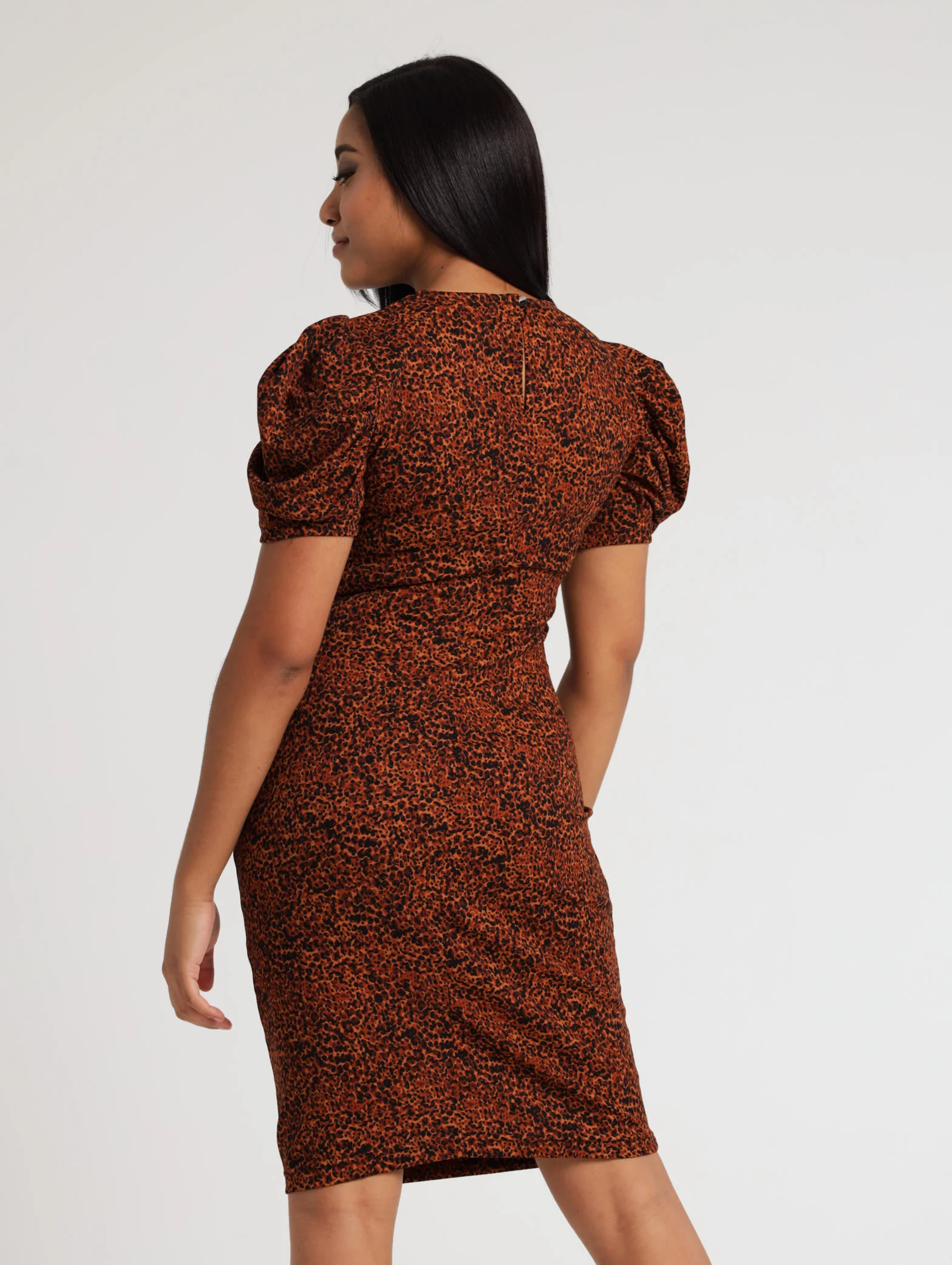 Ruched Animal Print Dress - Tan - Image 4