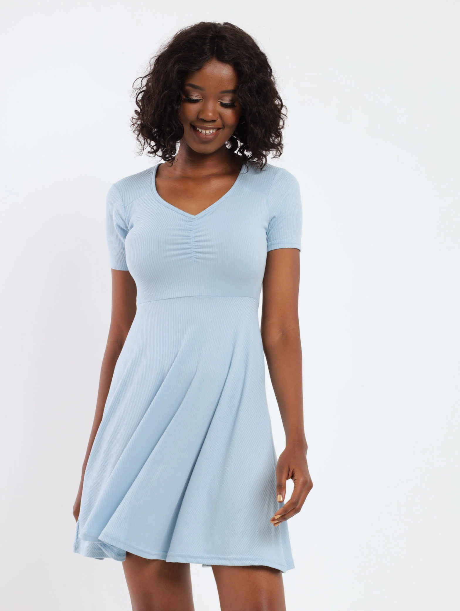 Ruched Burst Skater Dress - Blue