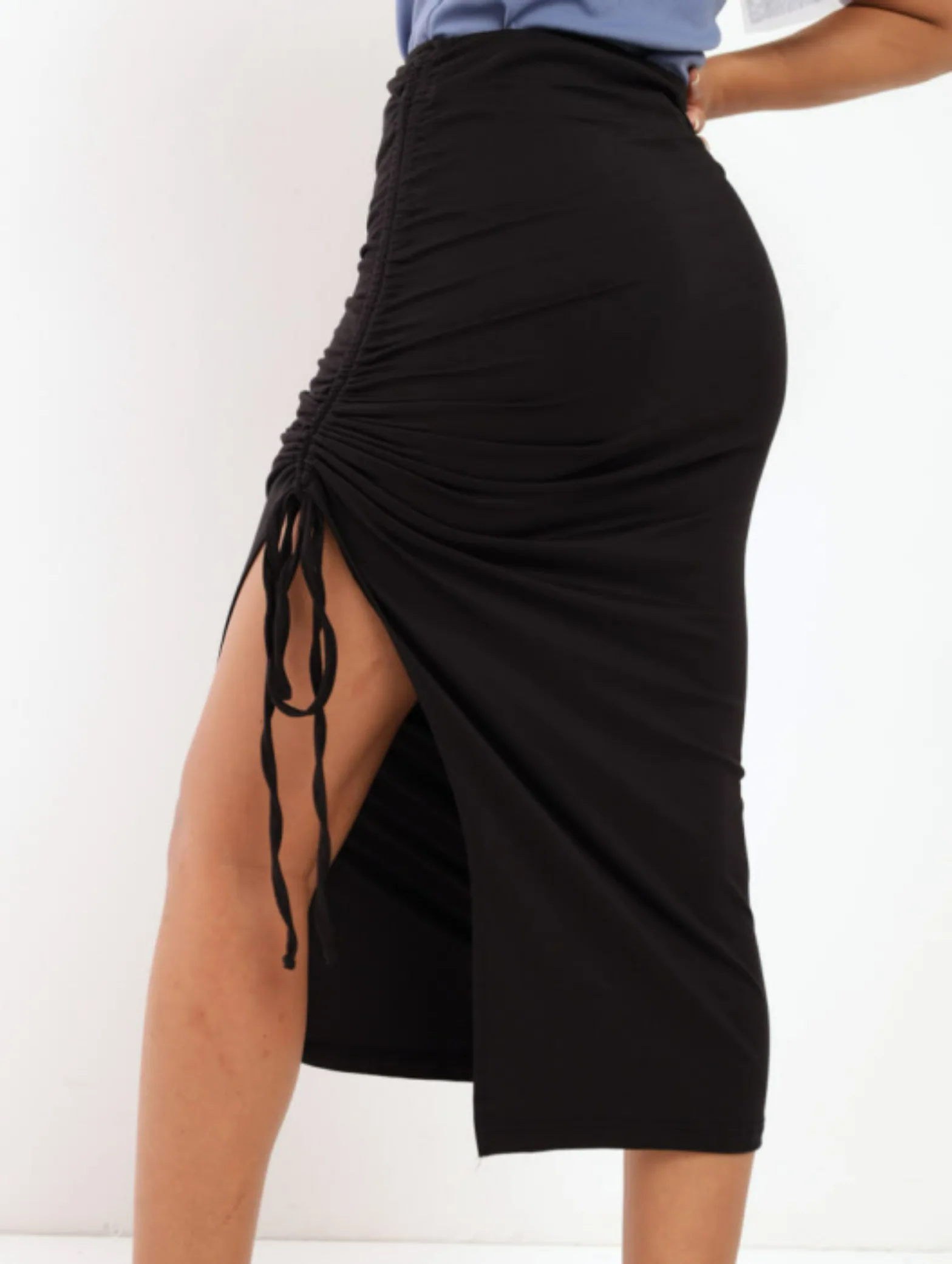 Ruched Midi Skirt - Black - Image 2
