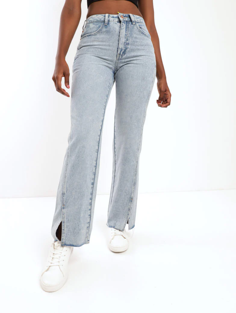 Salty Light Wash Panelled Split Hem Denim Dad Jean