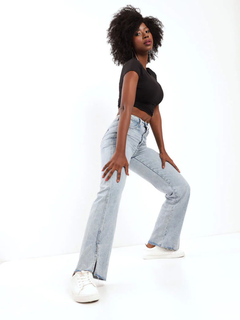 Salty Light Wash Panelled Split Hem Denim Dad Jean - Image 2
