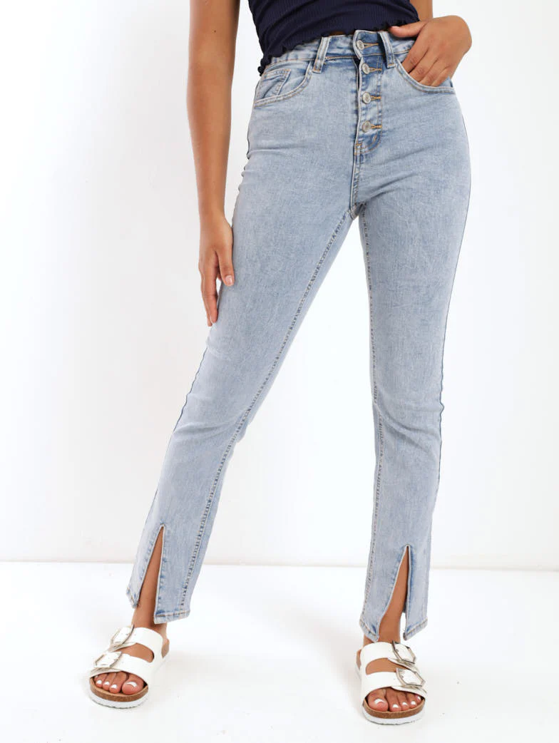 Salty Mid Wash Split Hem Button Fly Slimleg Denim Jean