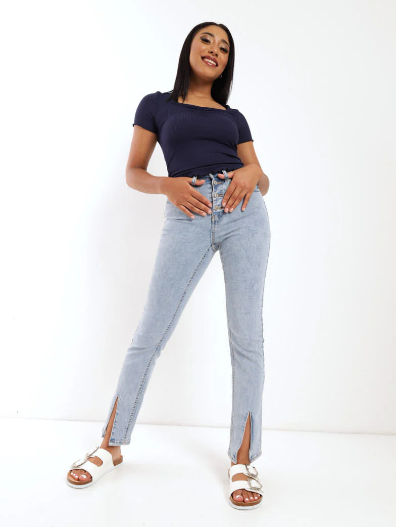 Salty Mid Wash Split Hem Button Fly Slimleg Denim Jean - Image 2