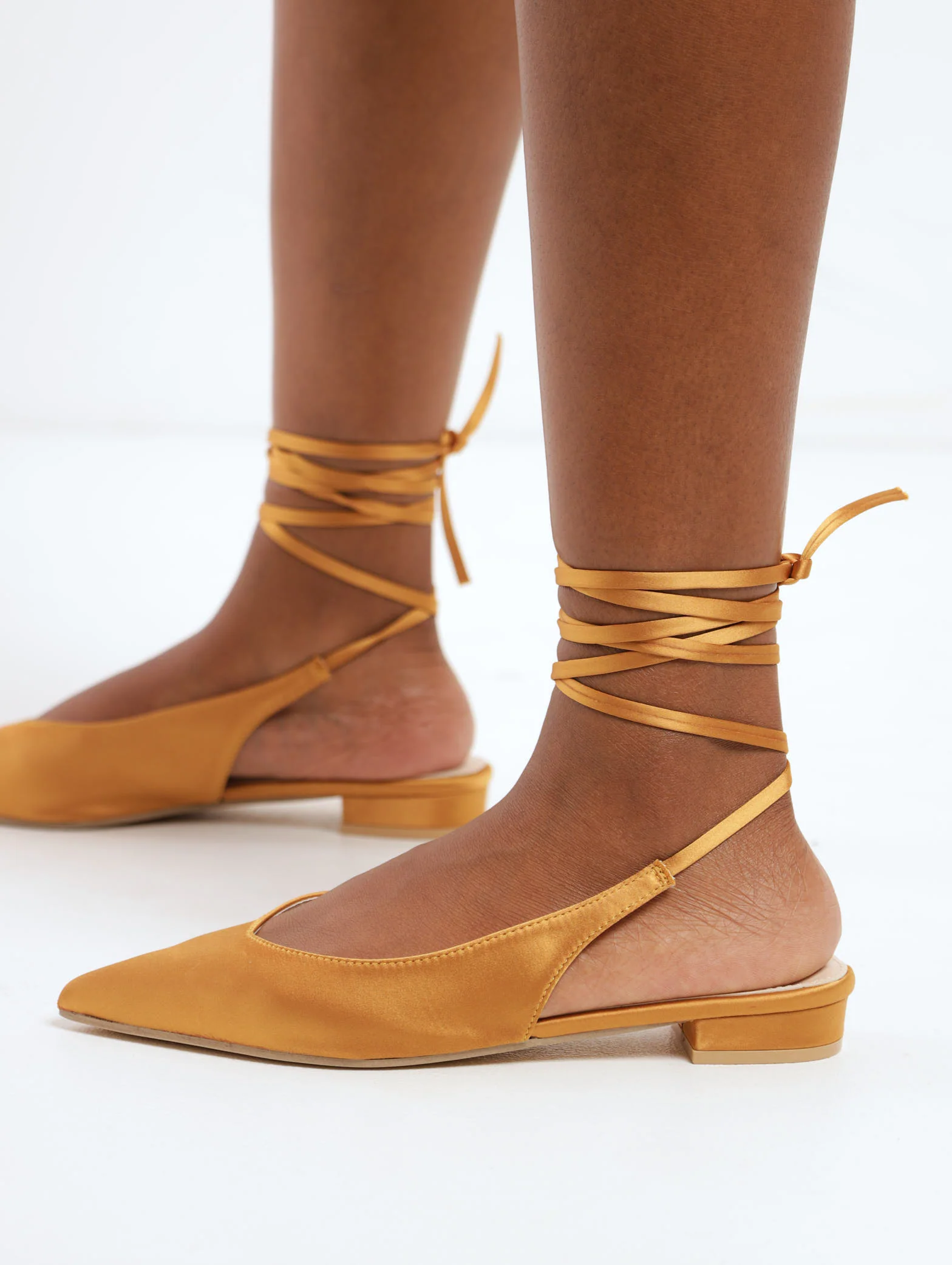 Satin Pointy Pump On Knock On Heel - Ochre - Image 2