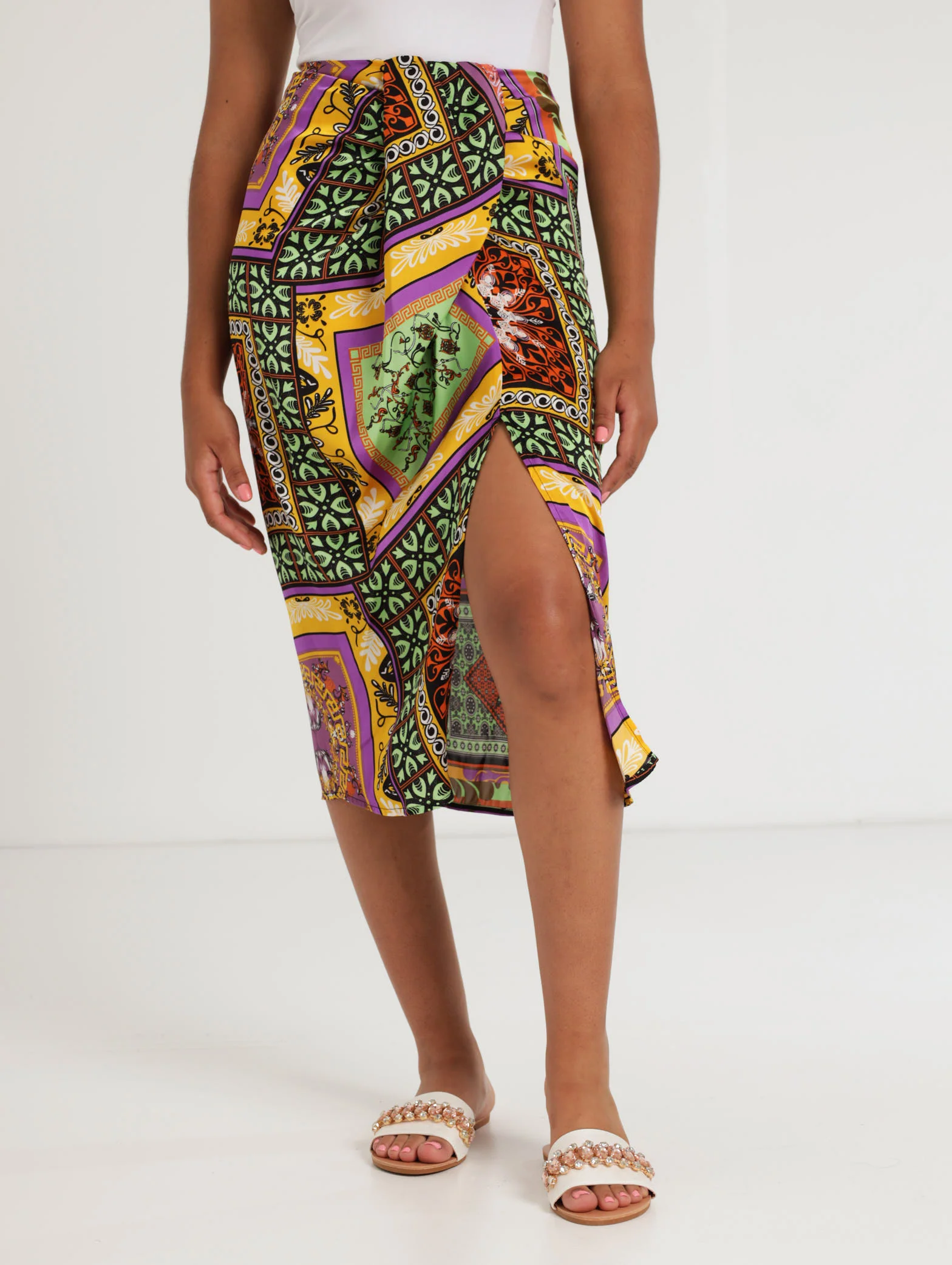 Scarf Print Satin Wrap Skirt