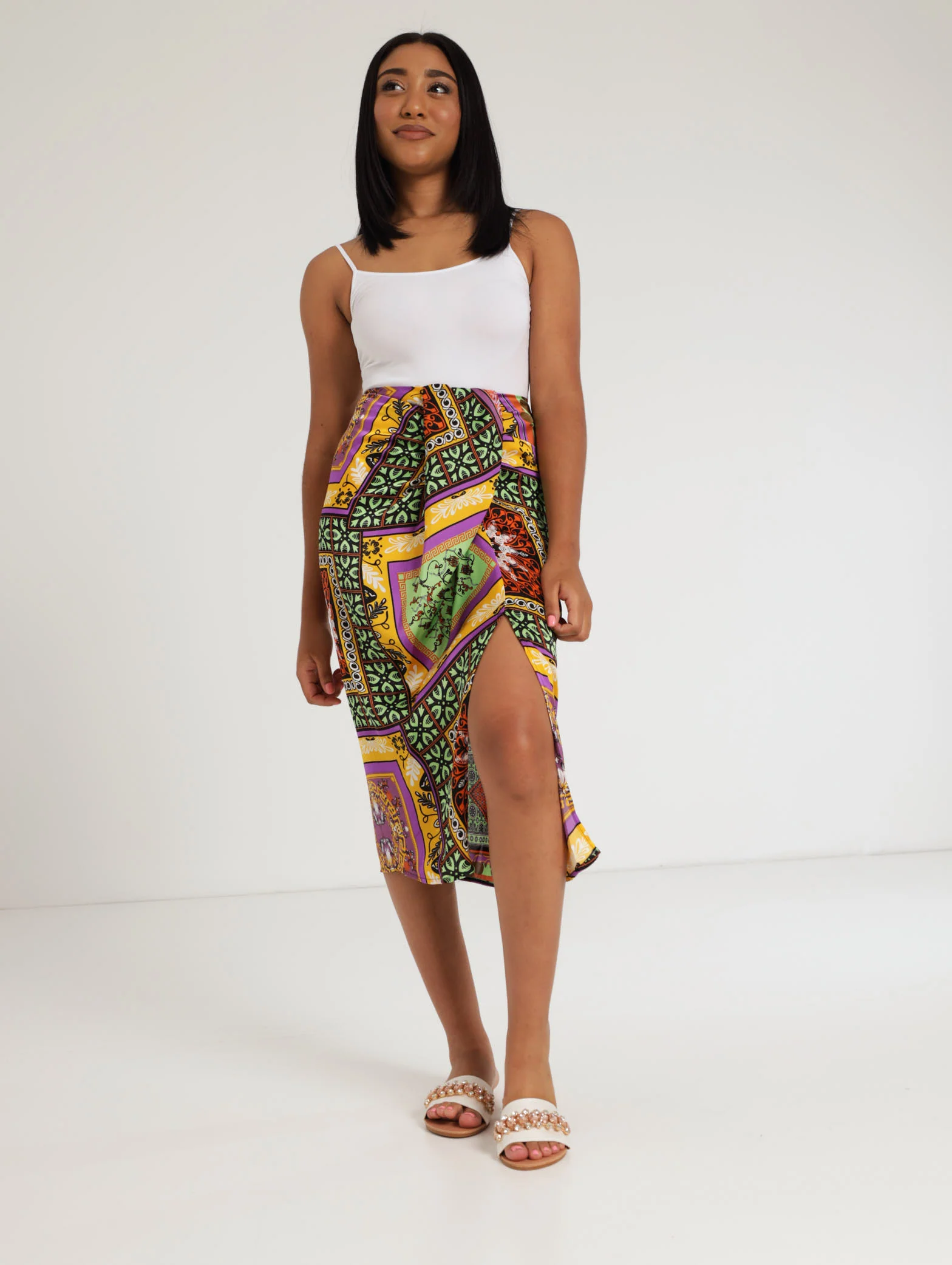 Scarf Print Satin Wrap Skirt - Image 2