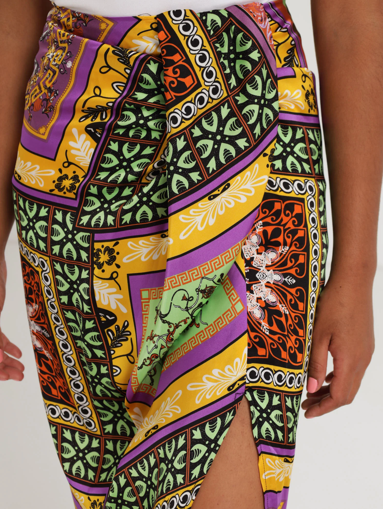 Scarf Print Satin Wrap Skirt - Image 5