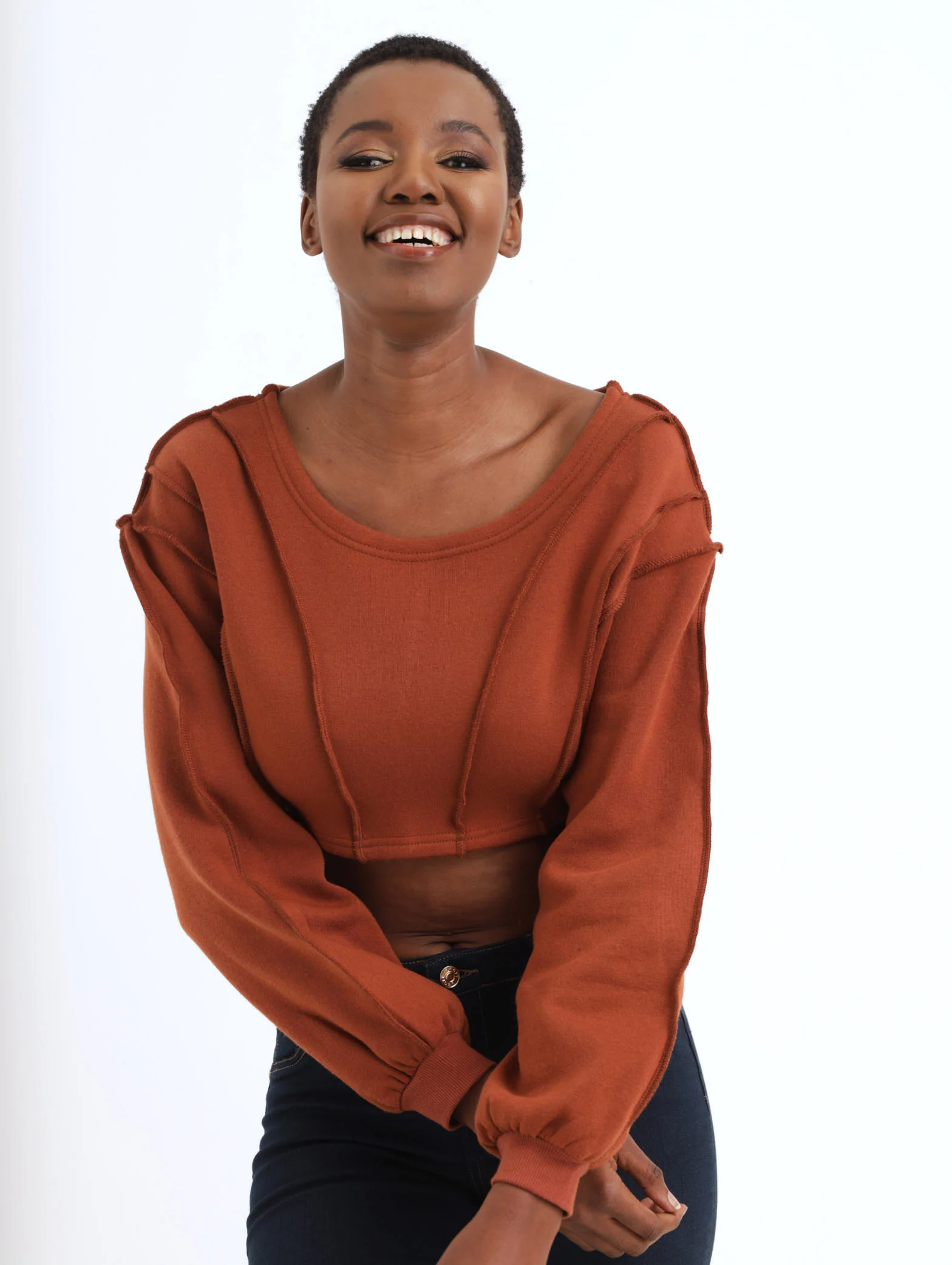 Seamed Fleece Crop Pullover - Rust - Image 3