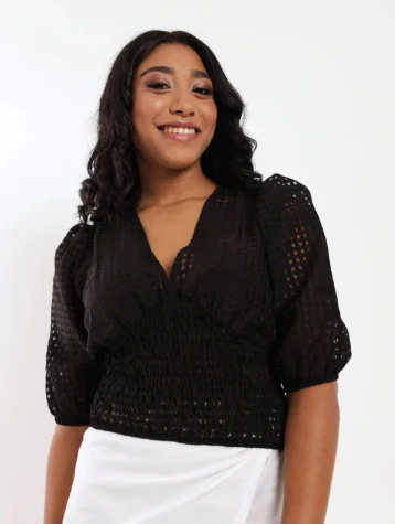 Self Check Organza Plunge Neck Top - Black