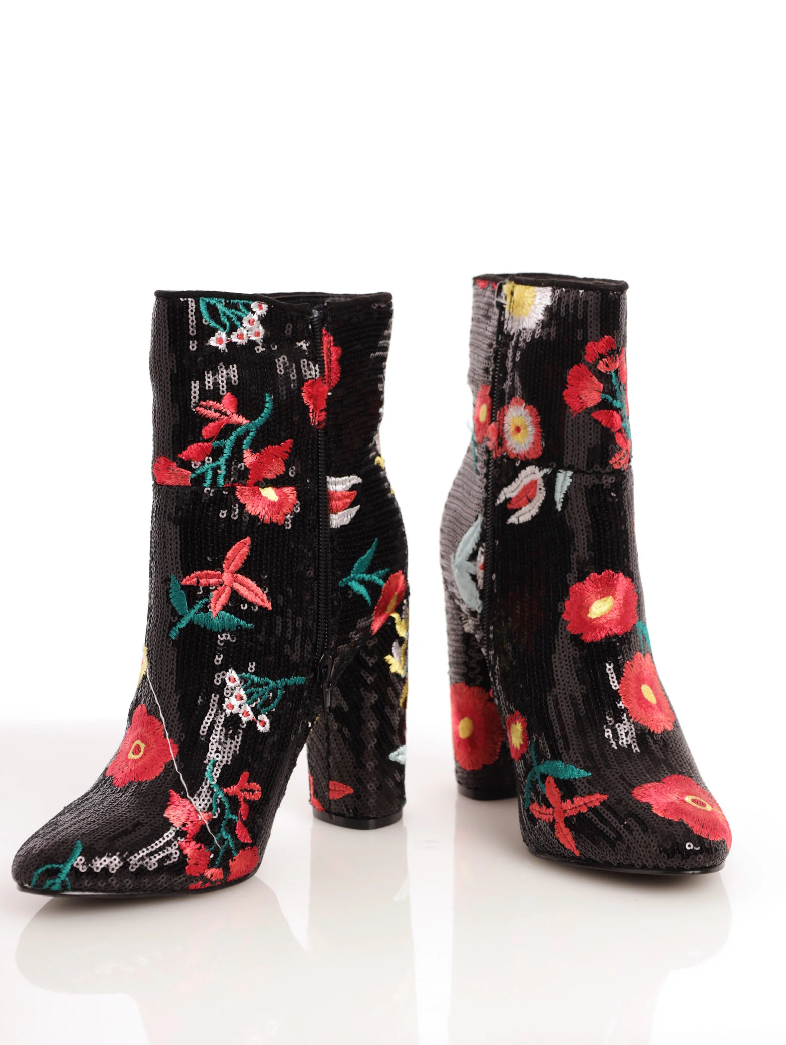 Sequin And Flower Embroidered Block Heel Boot - Black
