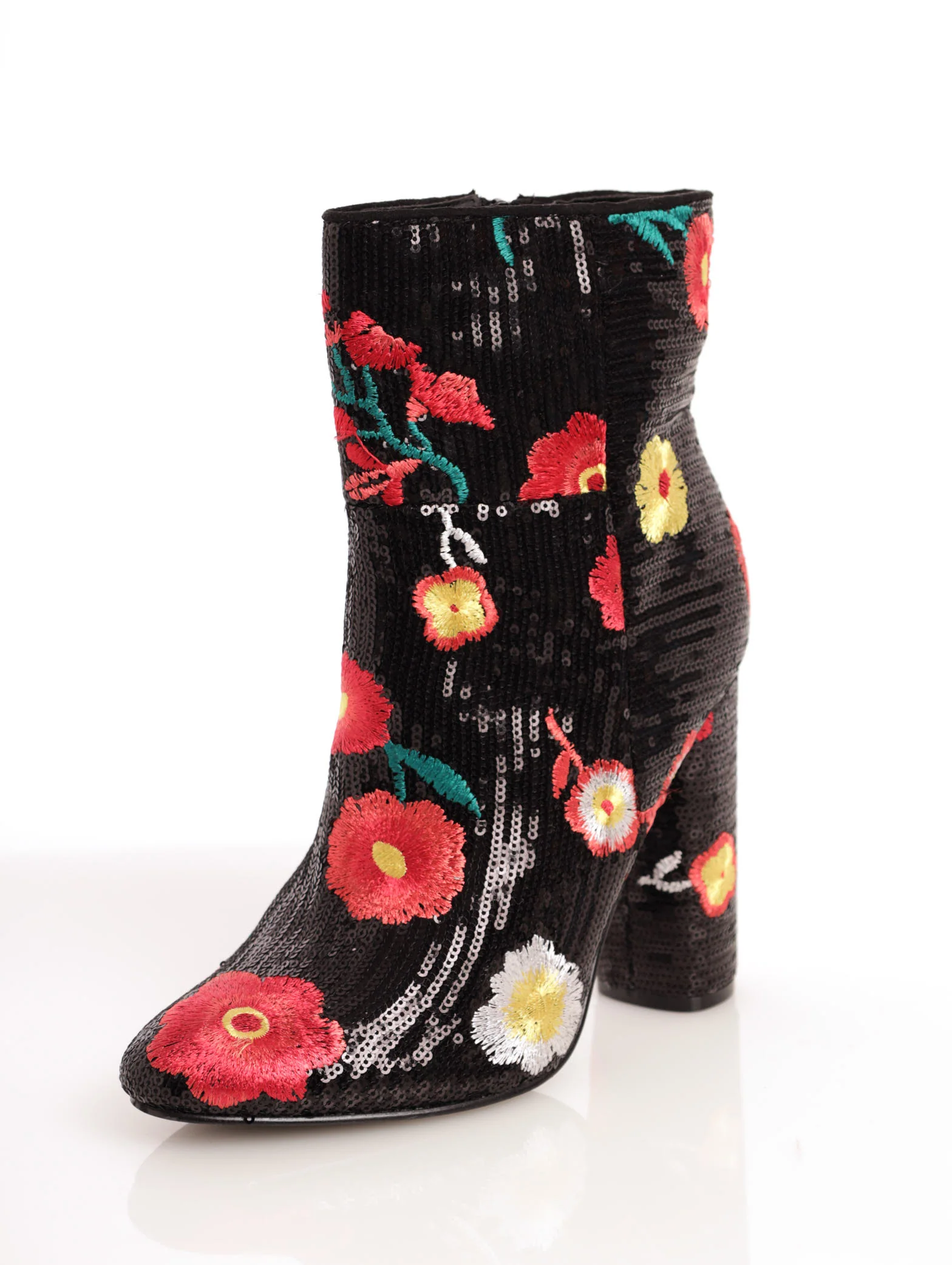 Sequin And Flower Embroidered Block Heel Boot - Black - Image 2