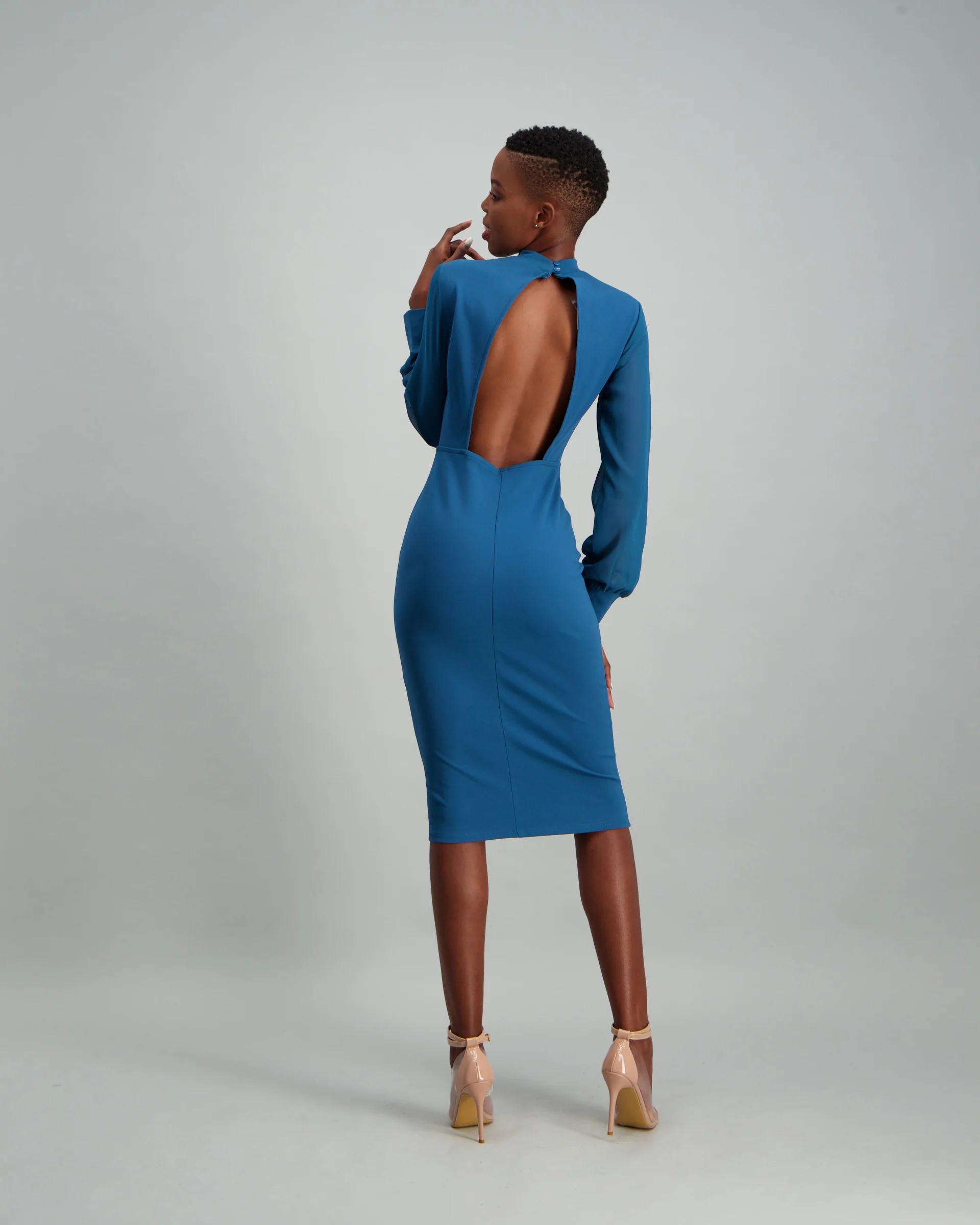 Sheer Sleeve Flounce Hem Midi Dress - Teal - Image 3
