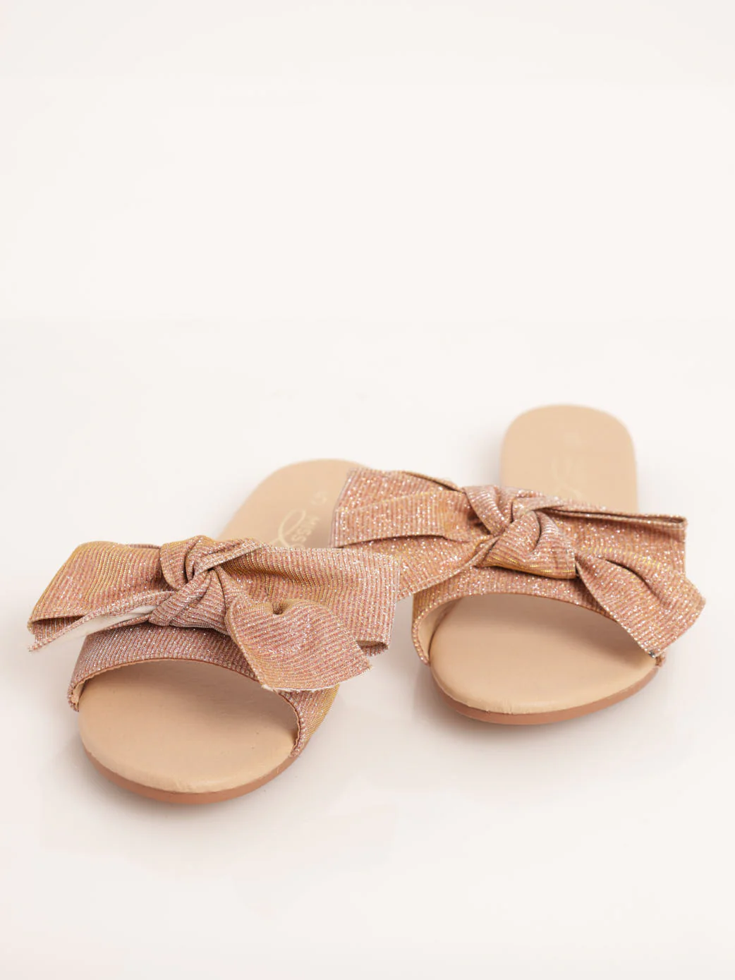 Shiny Fabric Bow Mule Sandal - Rose Gold