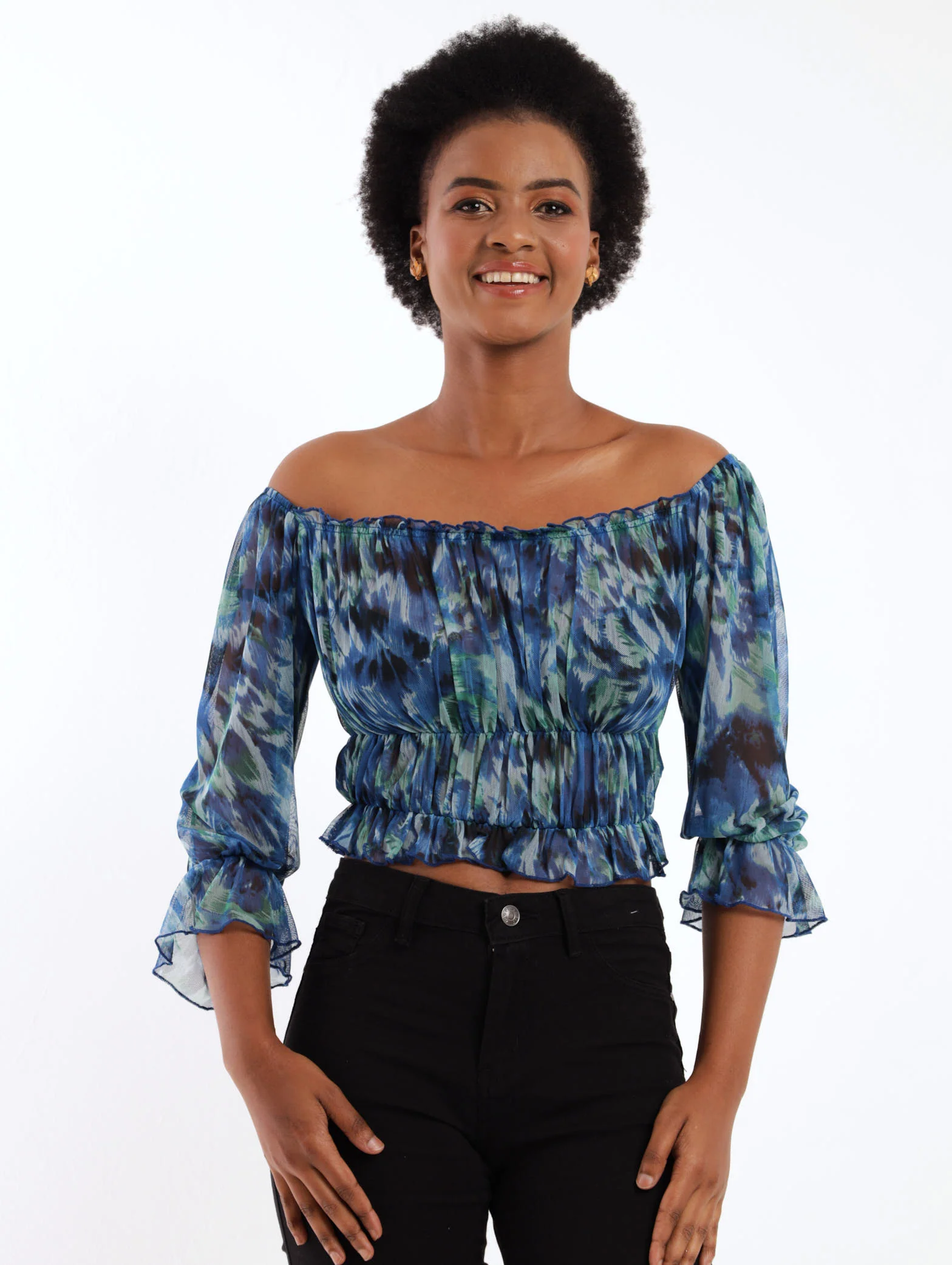 Shirred Body Printed Mesh Blouse