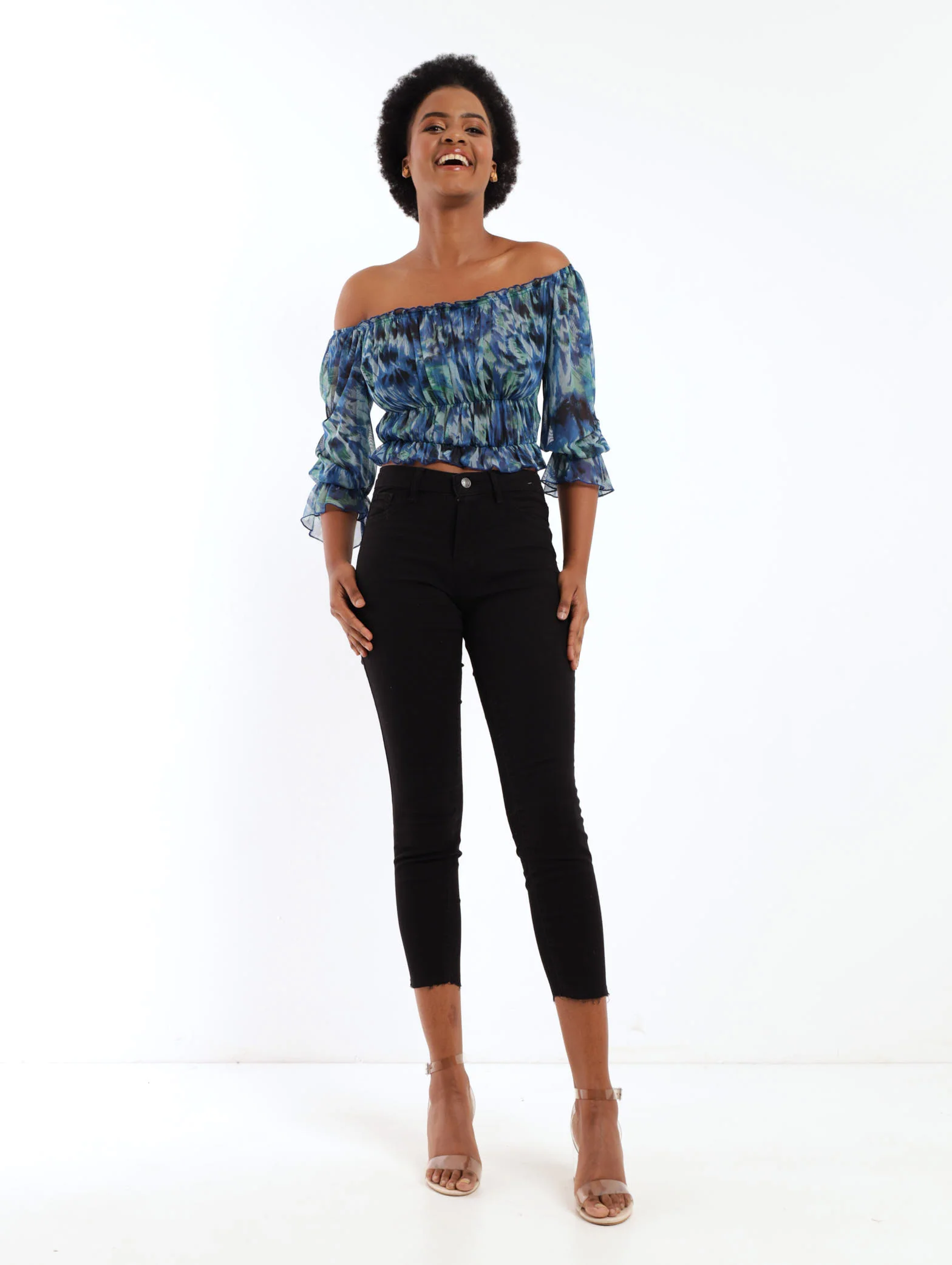 Shirred Body Printed Mesh Blouse - Image 2