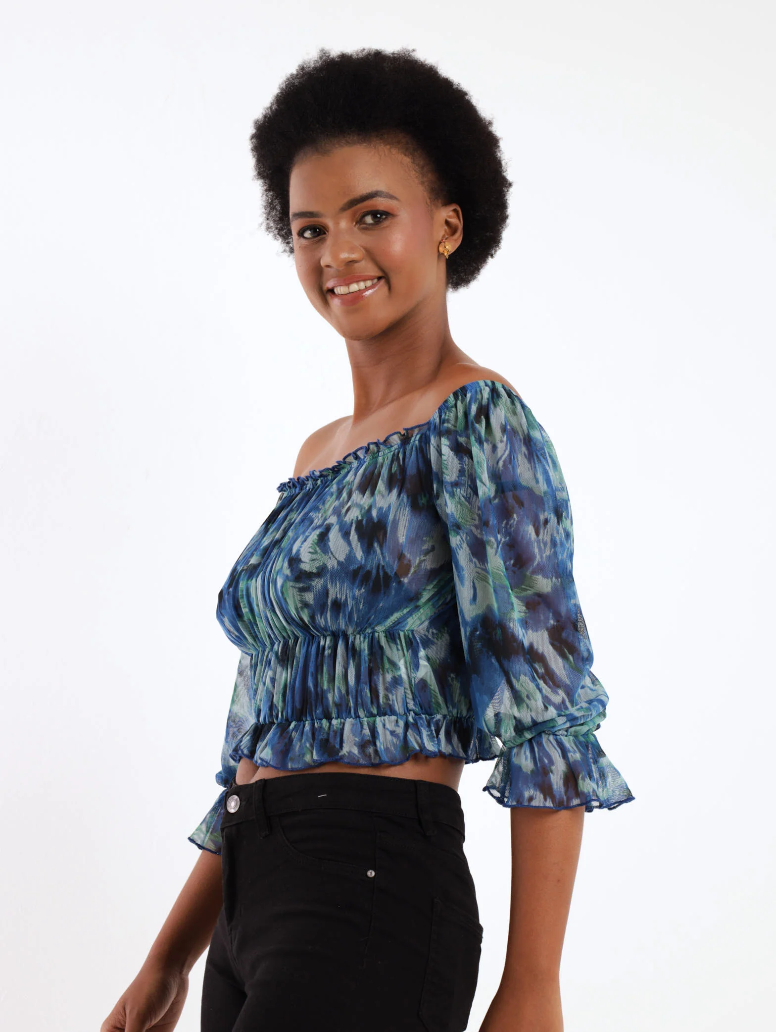 Shirred Body Printed Mesh Blouse - Image 3