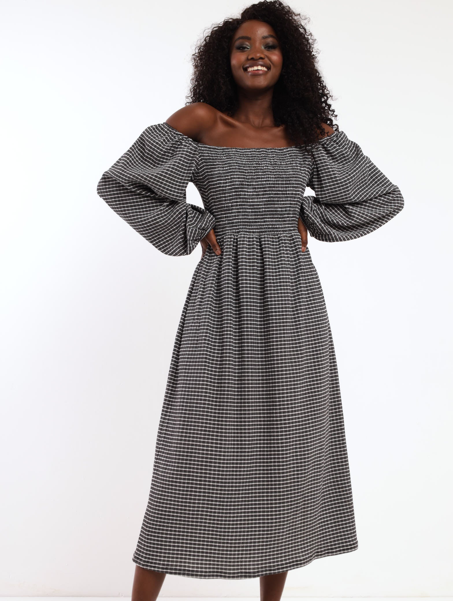 Shirred Check Midi Dress - Black/White
