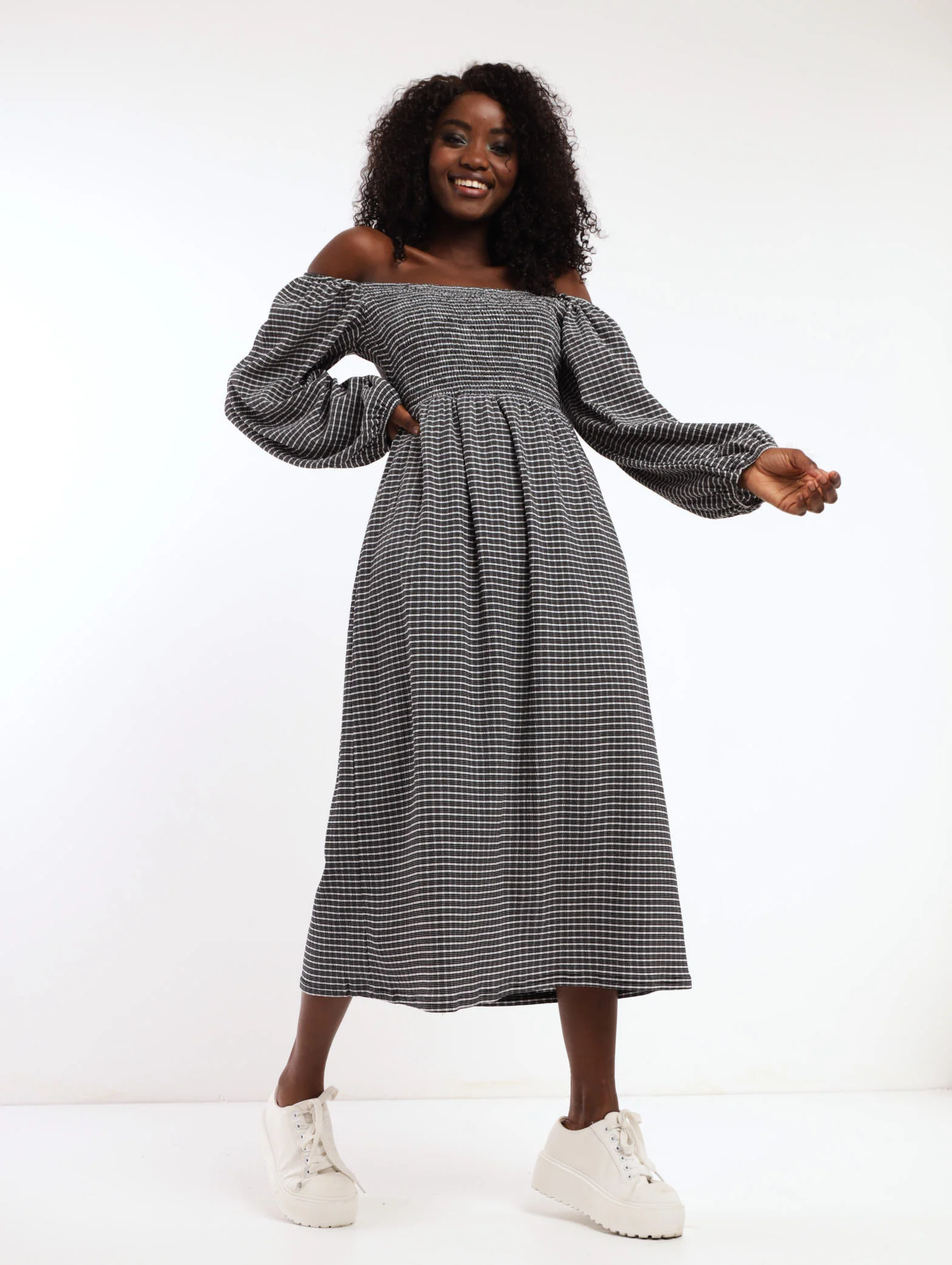 Shirred Check Midi Dress - Black/White - Image 2