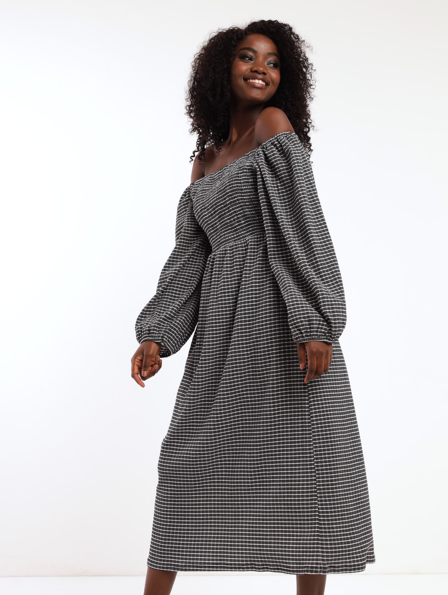 Shirred Check Midi Dress - Black/White - Image 3
