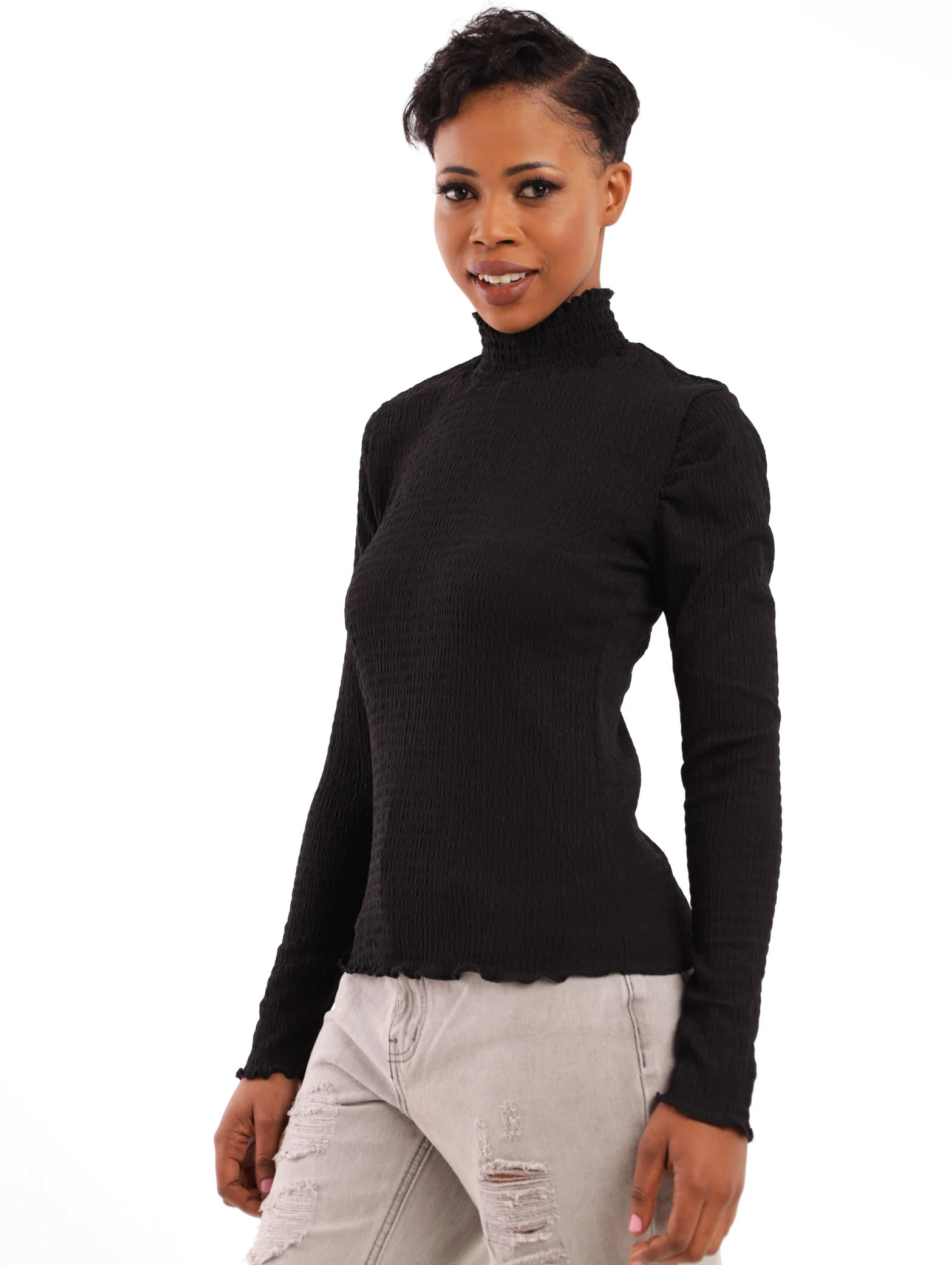 Shirred Neck Textured Top - Black - Image 3