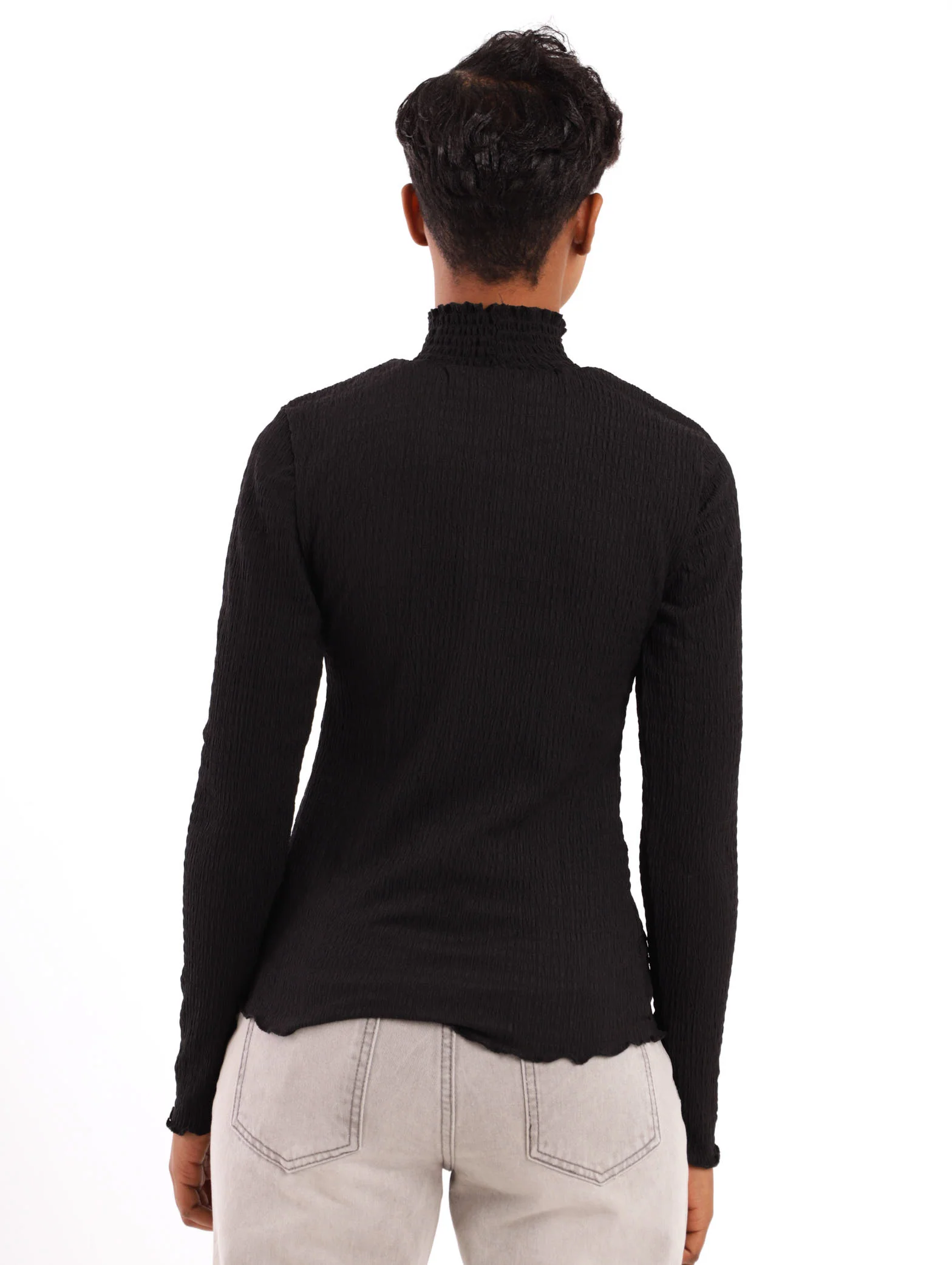 Shirred Neck Textured Top - Black - Image 4