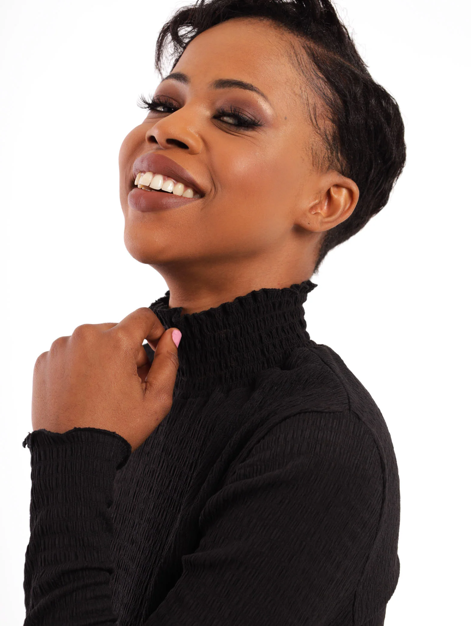 Shirred Neck Textured Top - Black - Image 5