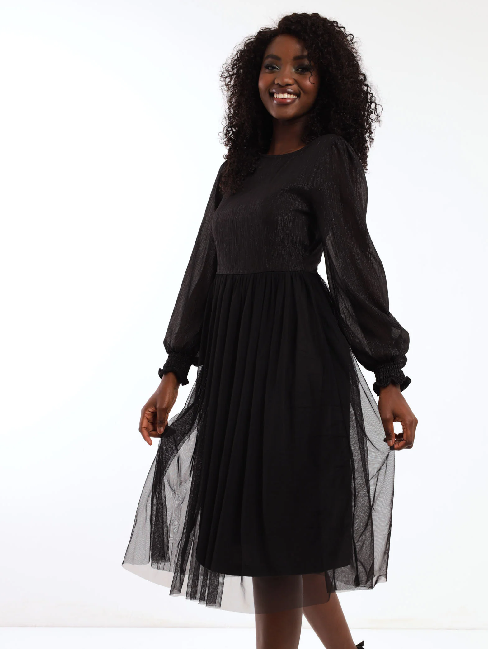Shirred Sleeve Lurex Prom Dress - Black