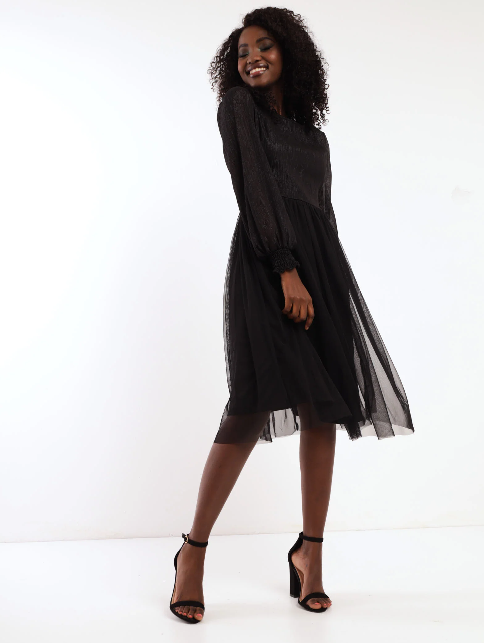 Shirred Sleeve Lurex Prom Dress - Black - Image 2