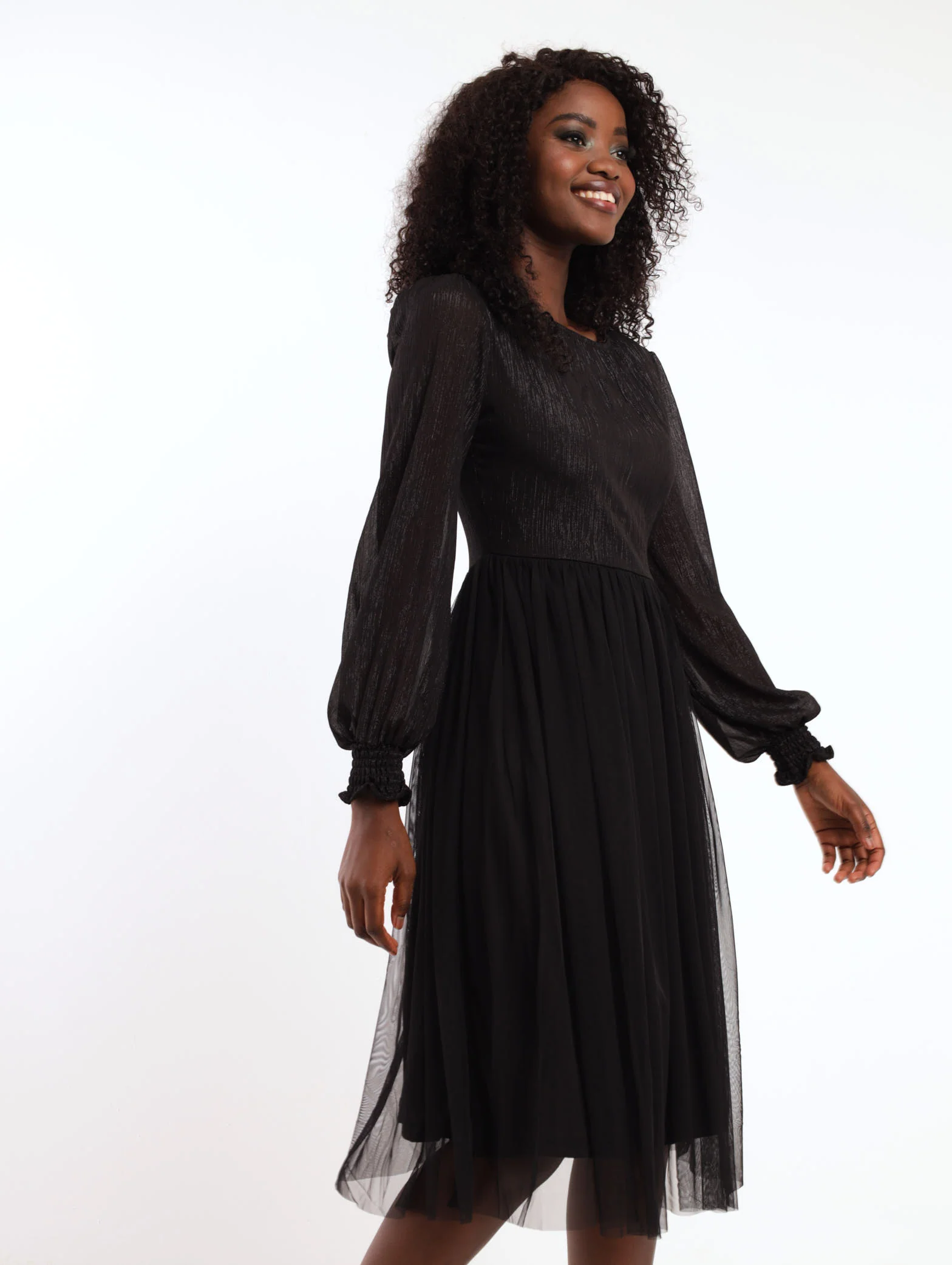 Shirred Sleeve Lurex Prom Dress - Black - Image 3