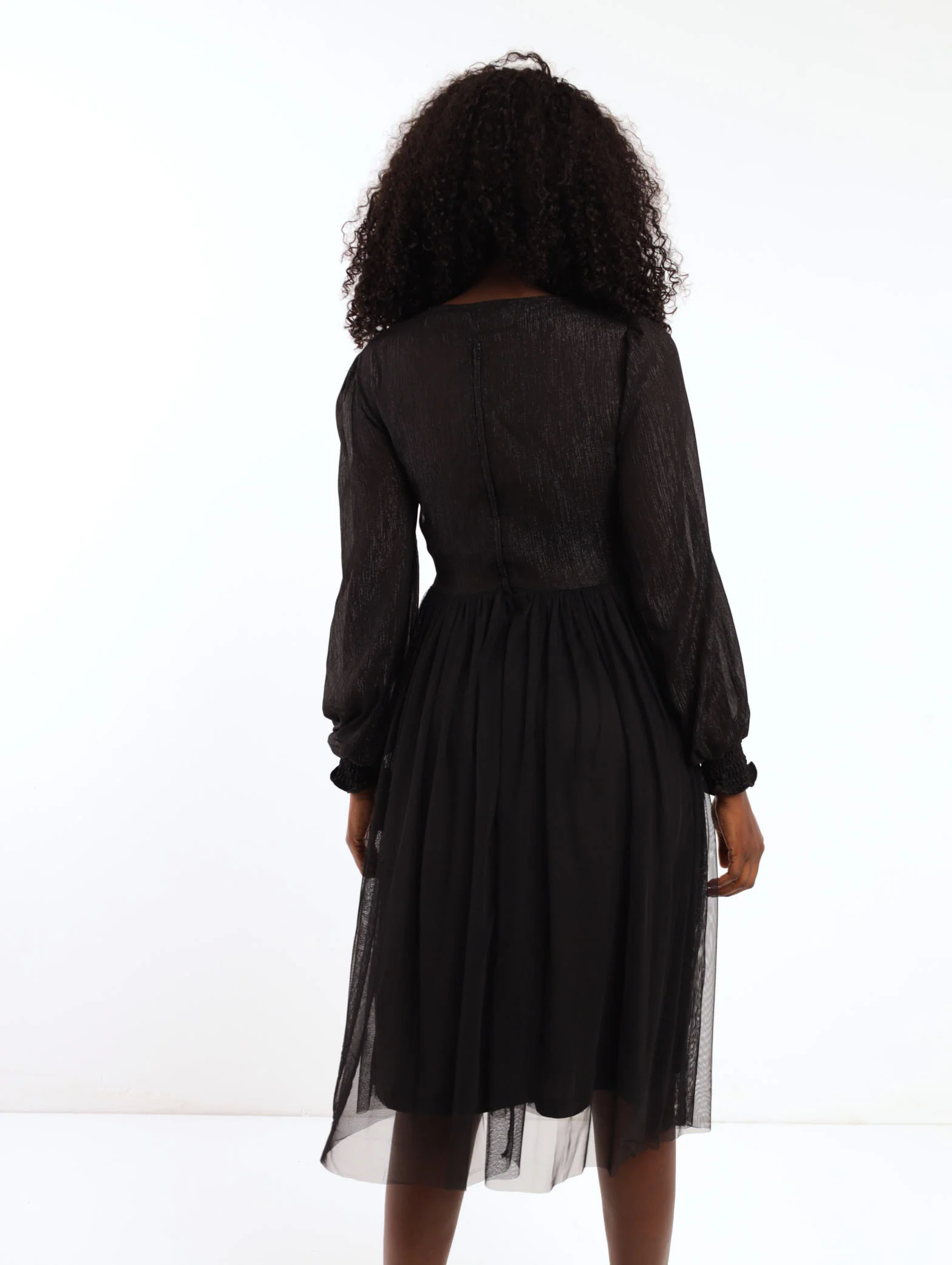 Shirred Sleeve Lurex Prom Dress - Black - Image 4