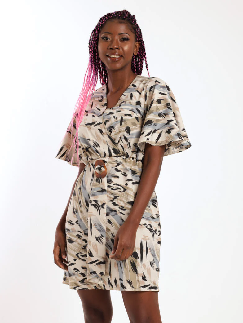 Short Sleeve Cross Over Animal Printed Dress - Cream