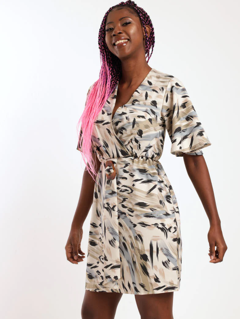 Short Sleeve Cross Over Animal Printed Dress - Cream - Image 2