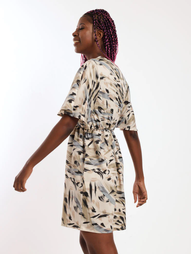 Short Sleeve Cross Over Animal Printed Dress - Cream - Image 3