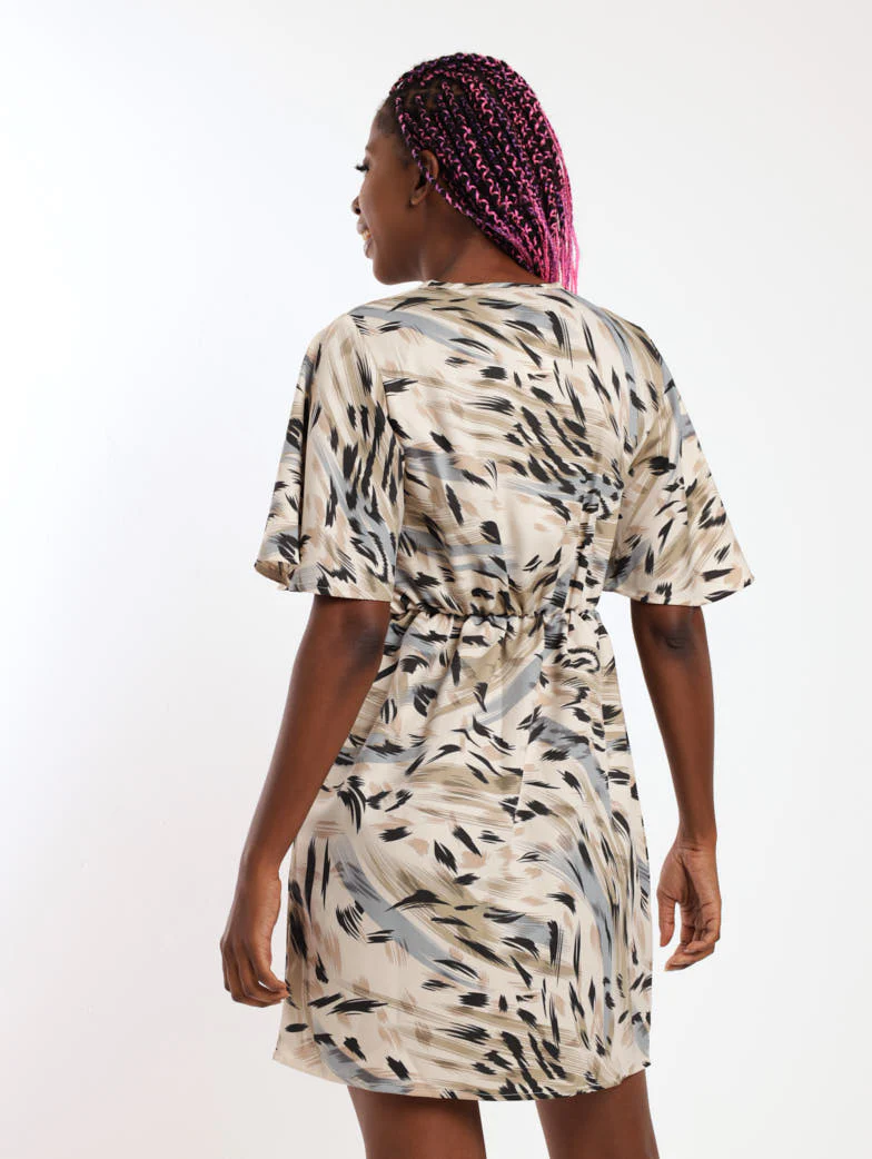 Short Sleeve Cross Over Animal Printed Dress - Cream - Image 4