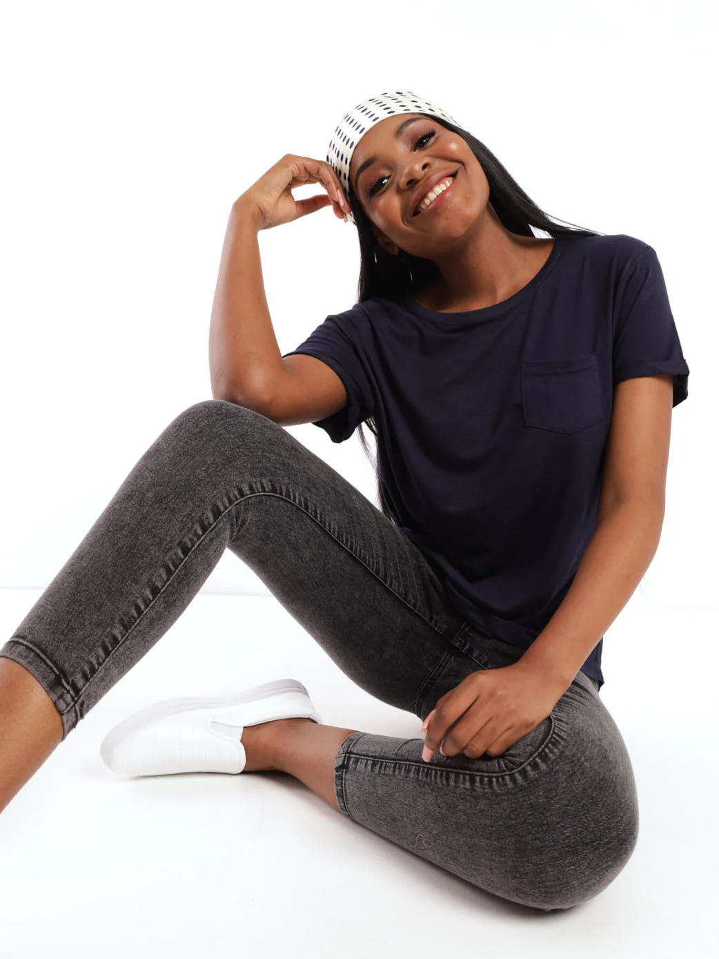 Short Sleeve Drapey Pocket Tee - Navy - Image 2