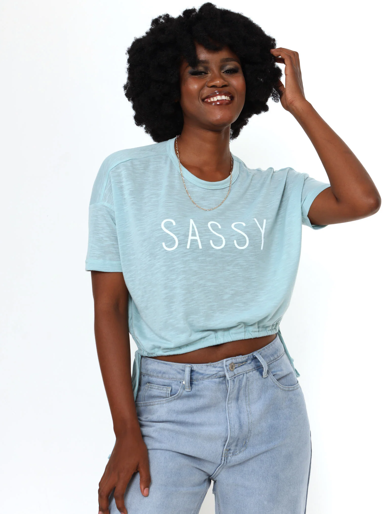 Short Sleeve Drawstring Hem Top - Mint