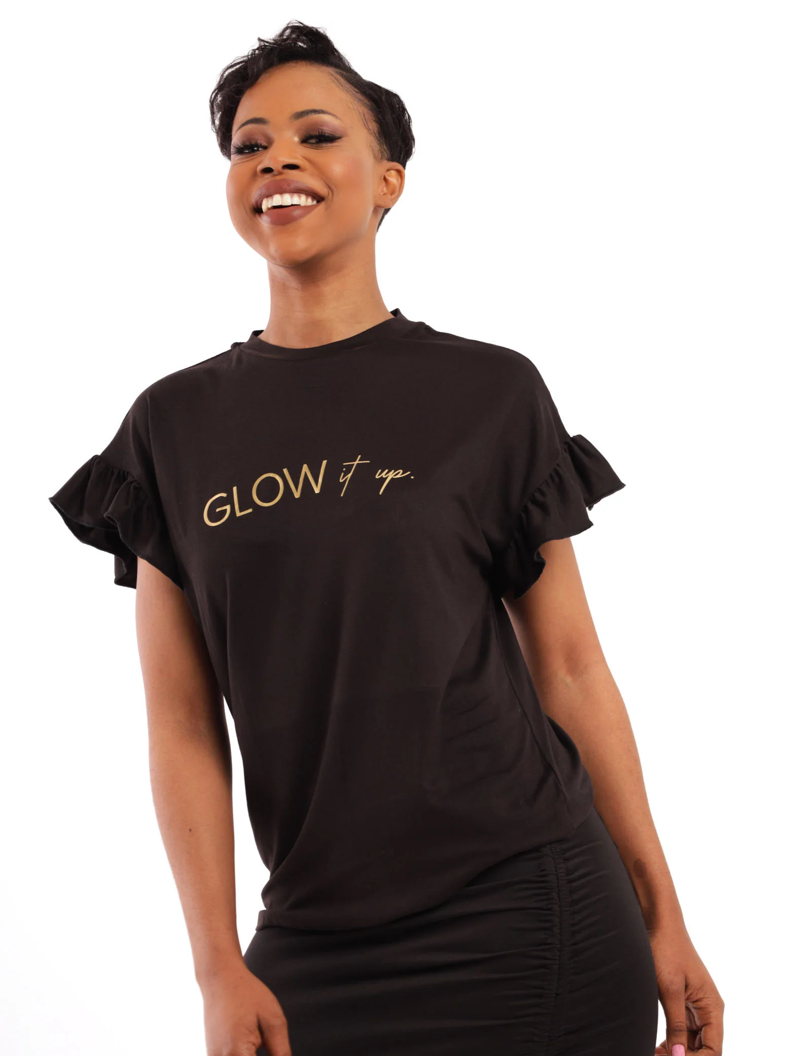 Short Sleeve Frill Sleeve Top - Black