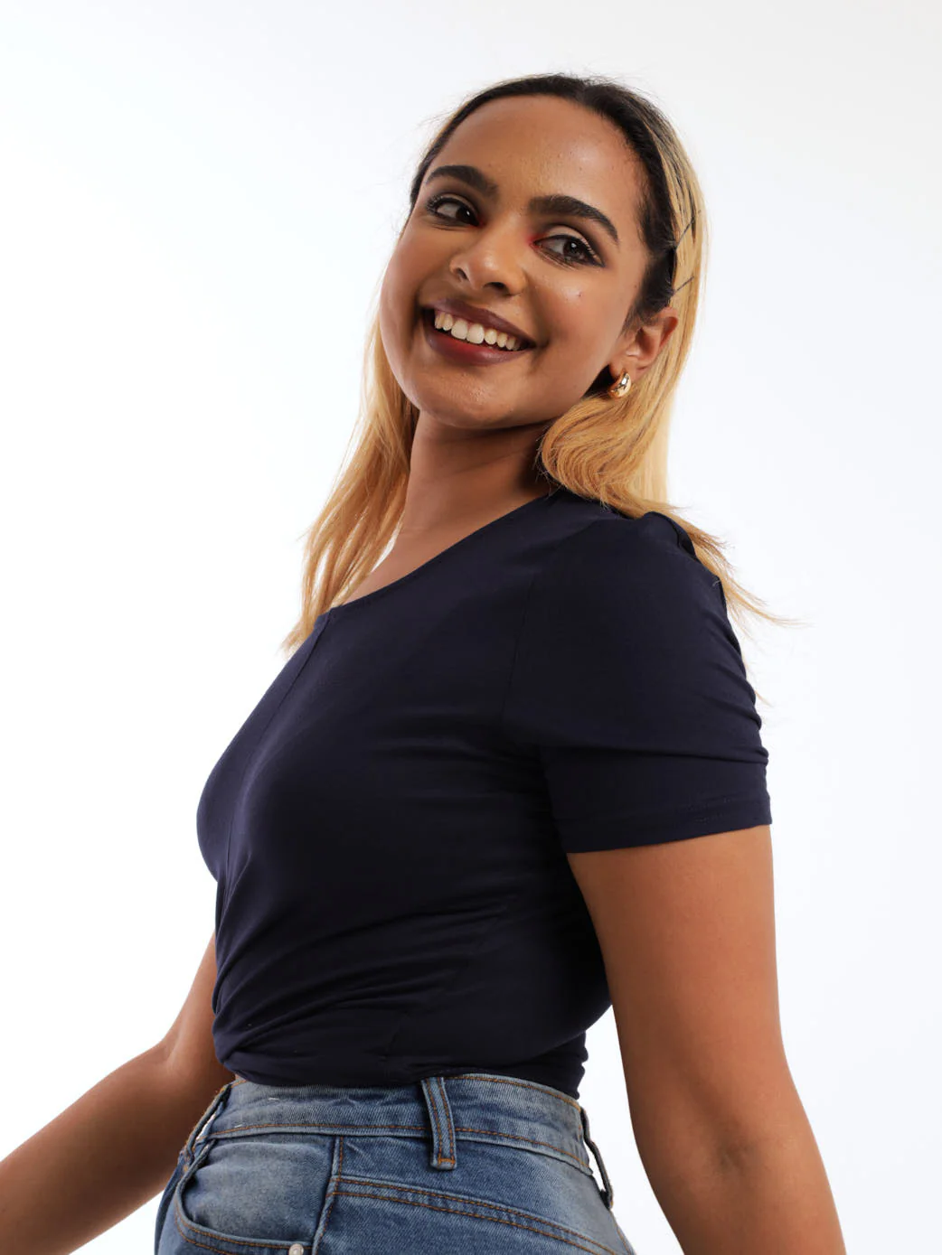 Short Sleeve Front Twist Top - Navy - Image 3